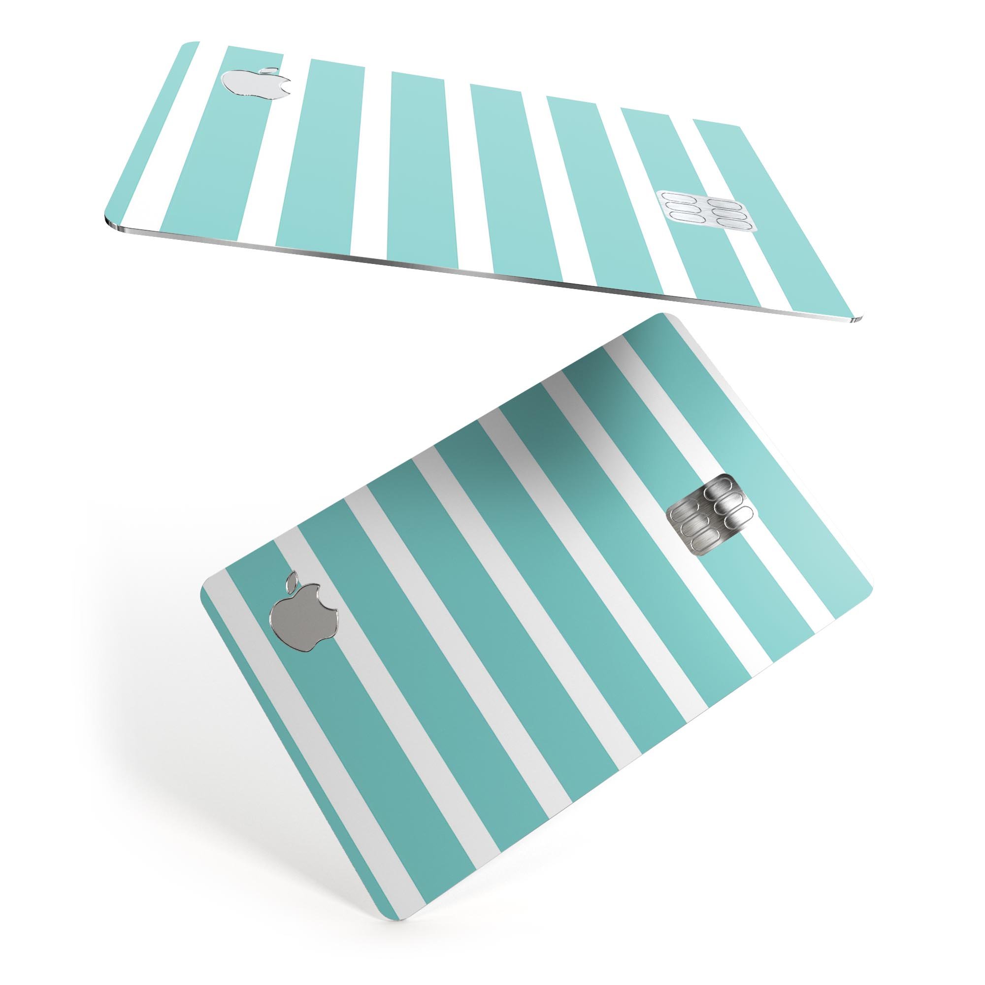 Teal and white horizontal stripes decal skin for Apple Card, showcasing premium vinyl material and stylish design.