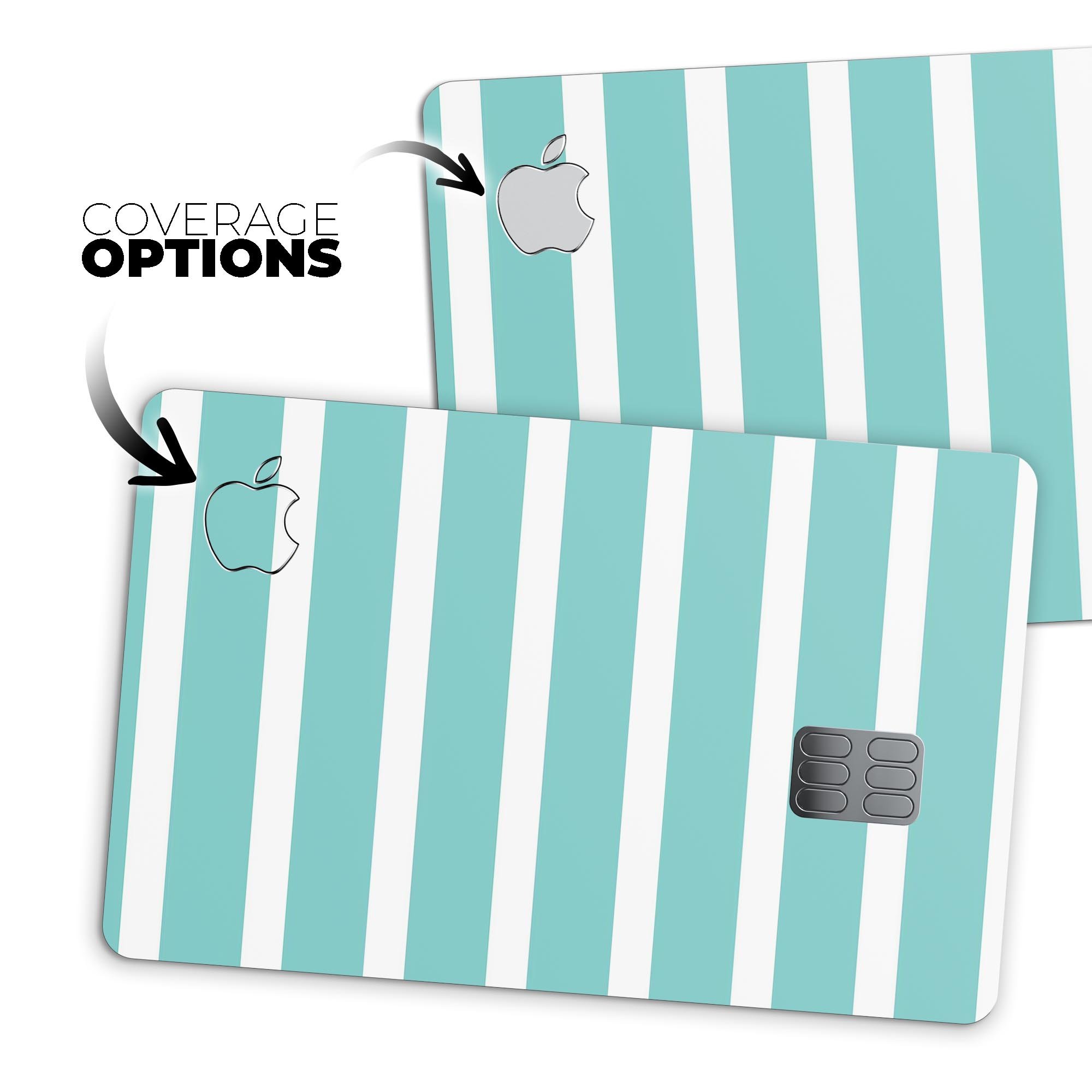 Teal and white horizontal stripes decal skin for Apple Card, showcasing premium vinyl material and stylish design.