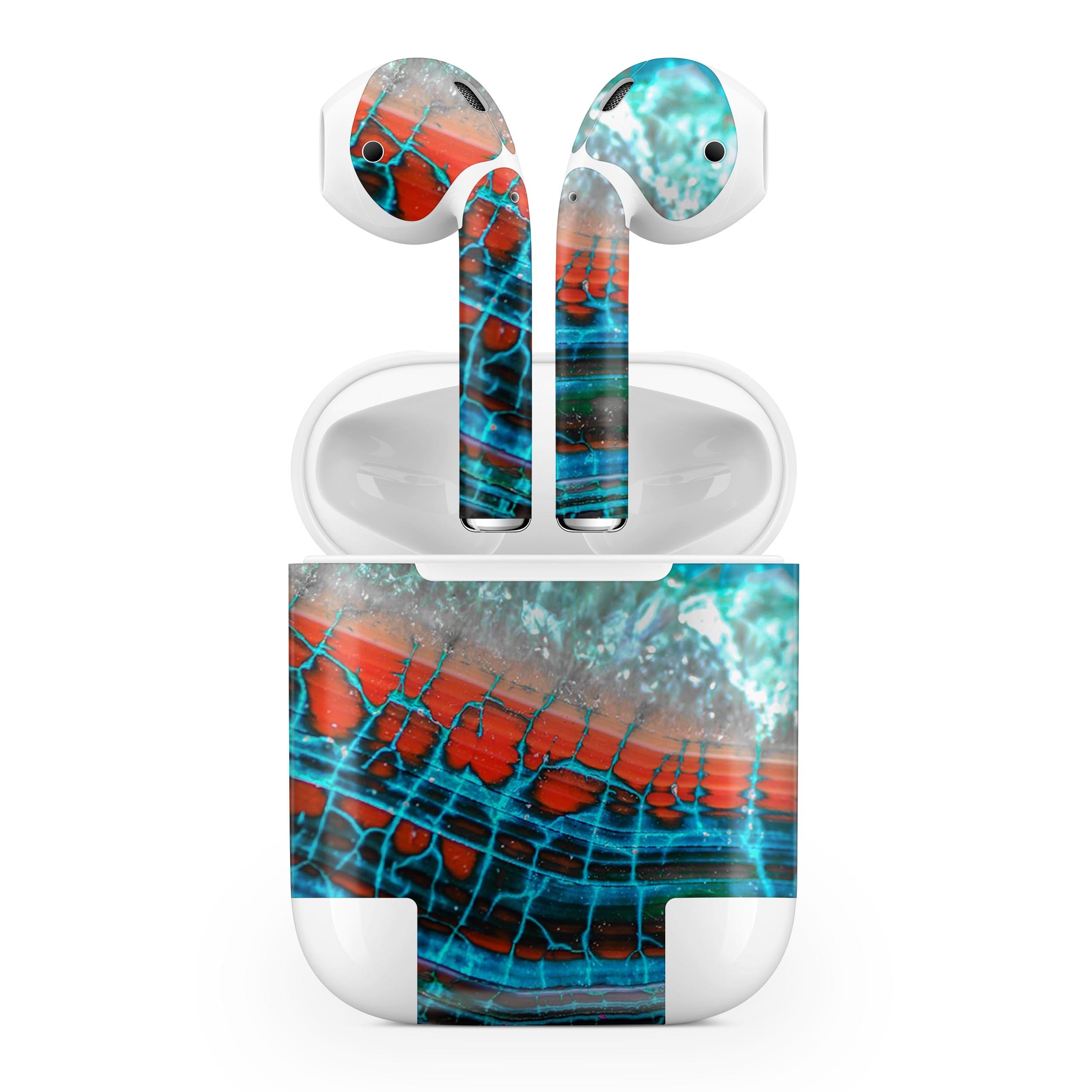 Teal Blue Red Dragon Vein Agate skin decal wrap kit for Apple AirPods, showcasing vibrant colors and intricate patterns.