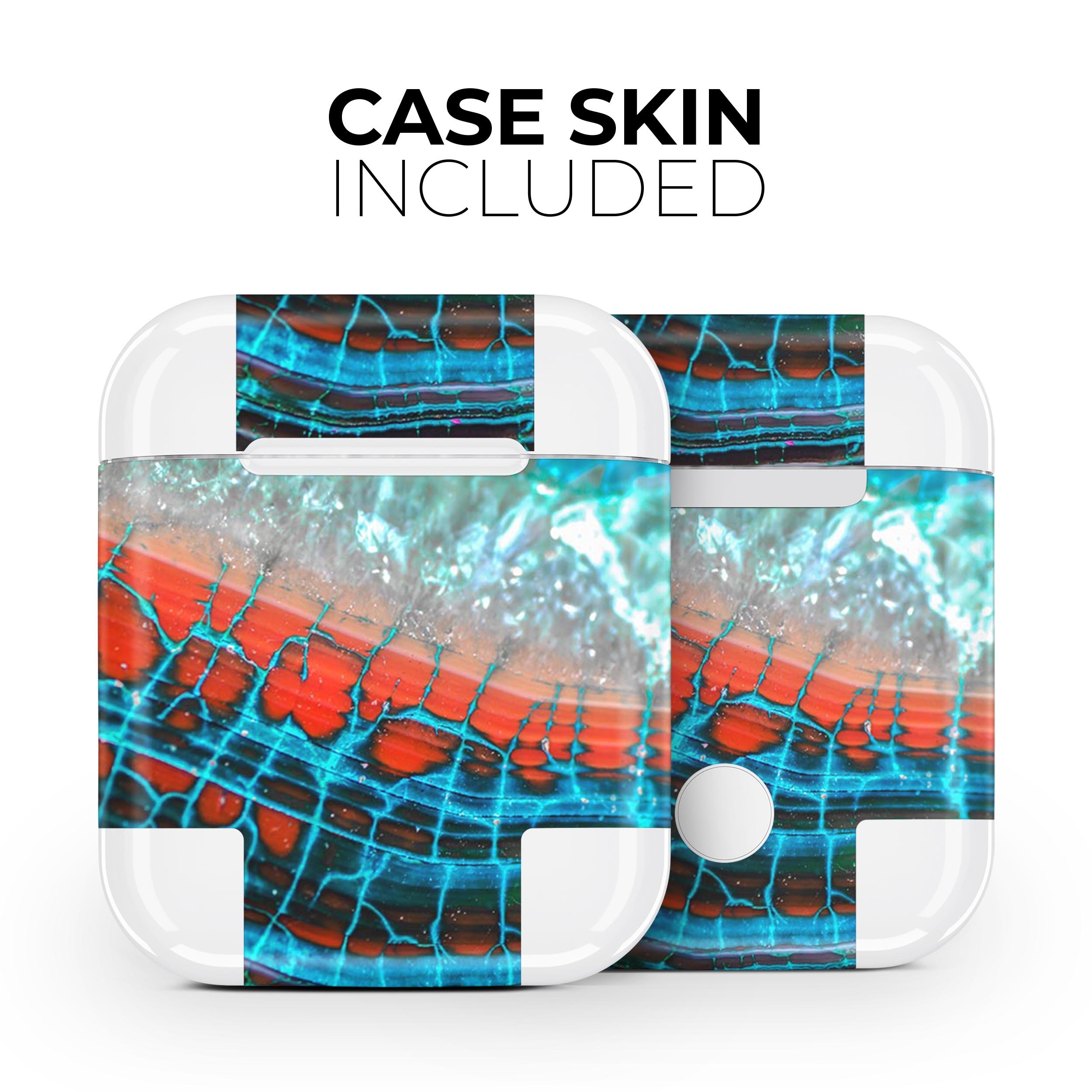 Teal Blue Red Dragon Vein Agate skin decal wrap kit for Apple AirPods, showcasing vibrant colors and intricate patterns.