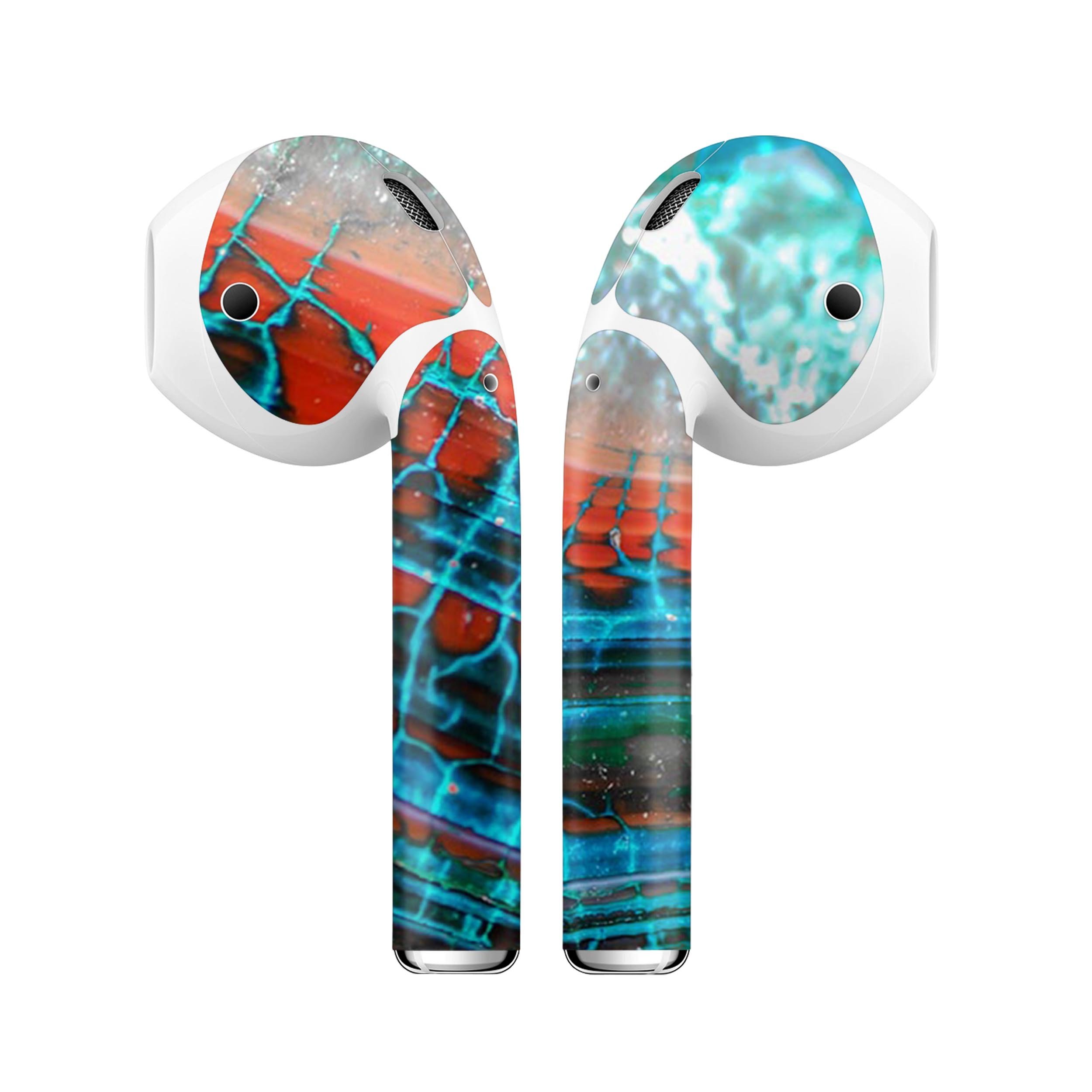 Teal Blue Red Dragon Vein Agate skin decal wrap kit for Apple AirPods, showcasing vibrant colors and intricate patterns.