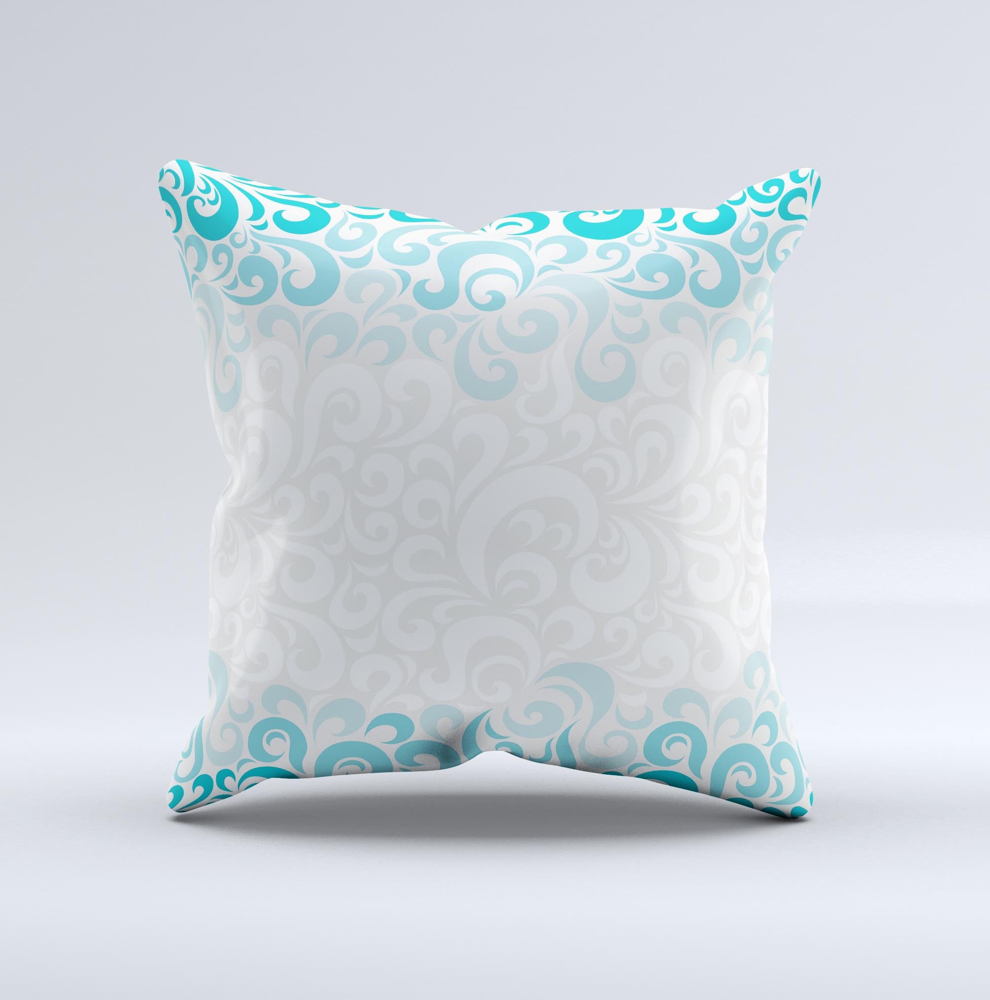 Teal blue and white swirl pattern decorative throw pillow, showcasing a unique ink-fuzed design, perfect for home decor.