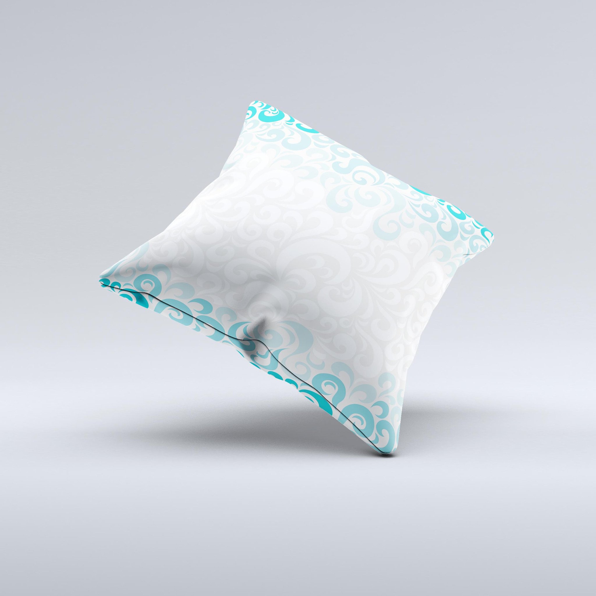 Teal blue and white swirl pattern decorative throw pillow, showcasing a unique ink-fuzed design, perfect for home decor.