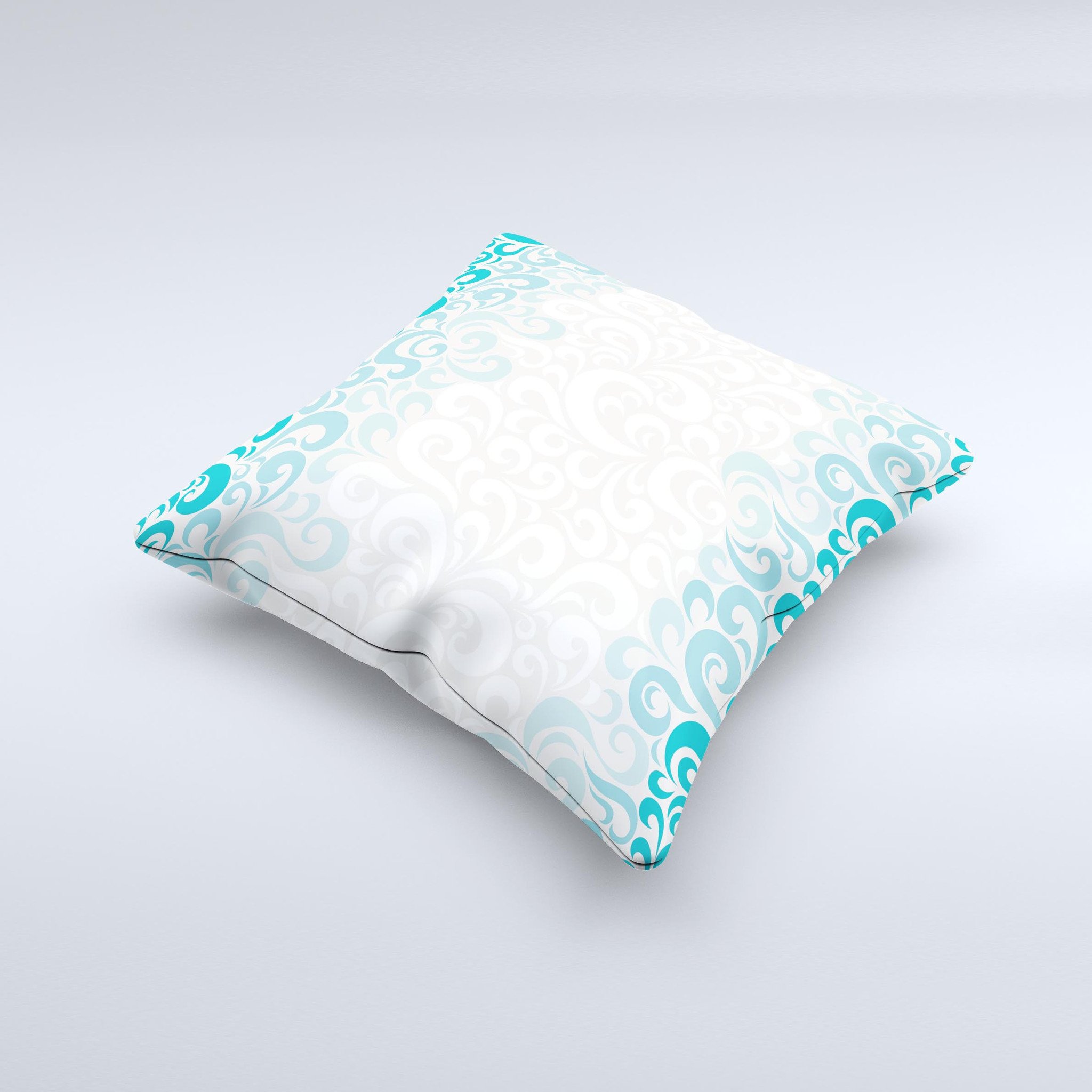 Teal blue and white swirl pattern decorative throw pillow, showcasing a unique ink-fuzed design, perfect for home decor.