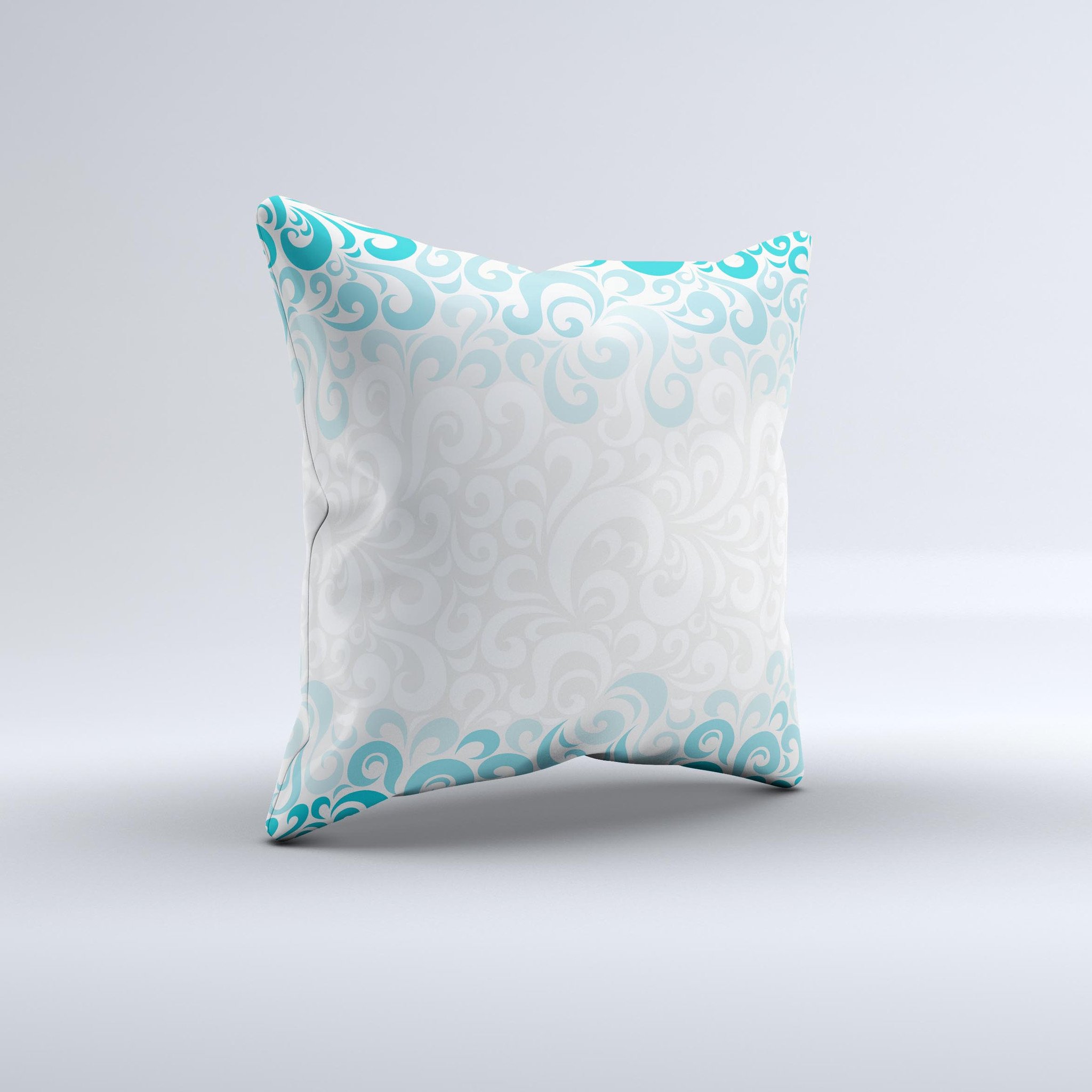 Teal blue and white swirl pattern decorative throw pillow, showcasing a unique ink-fuzed design, perfect for home decor.