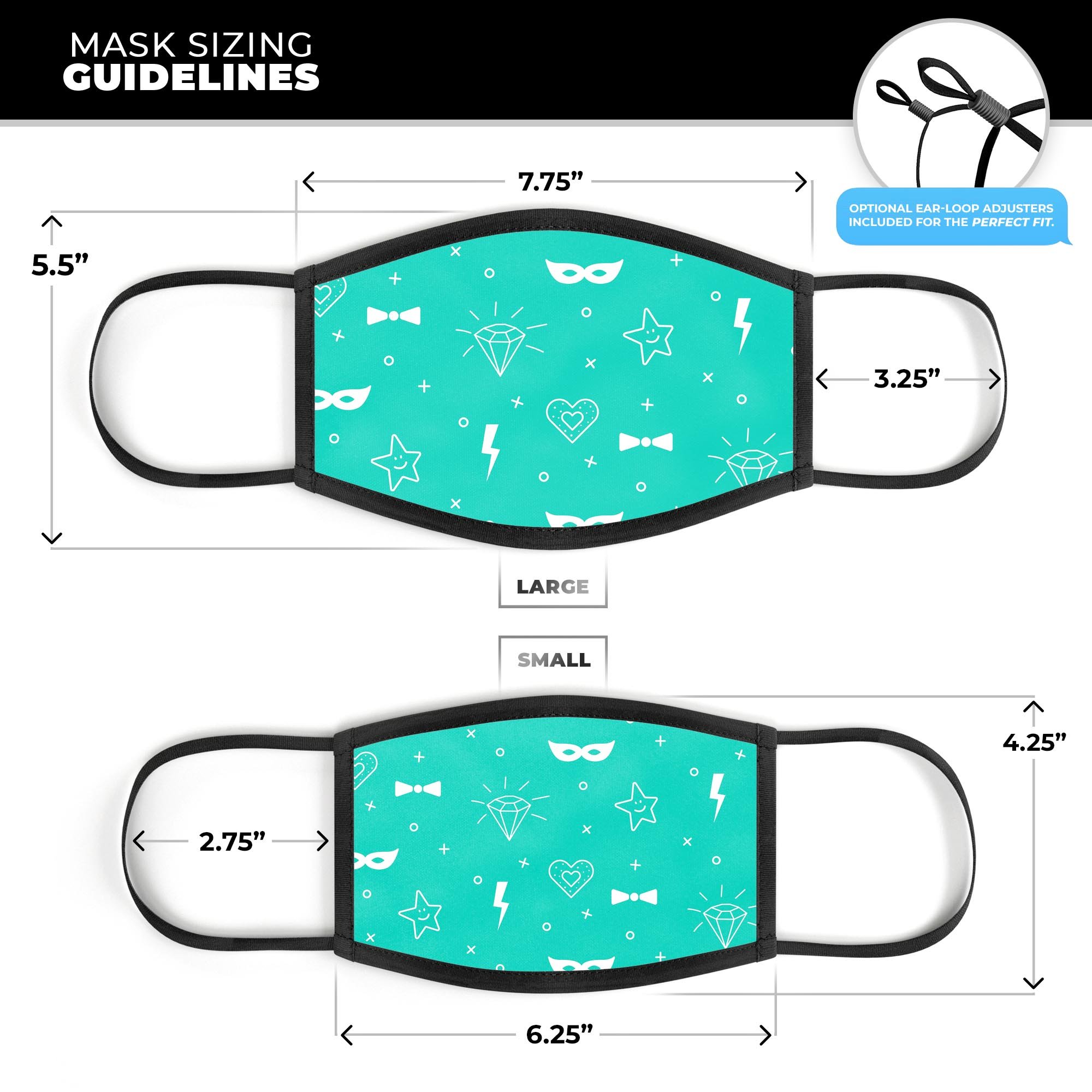 Teal Doodles with Lightning mouth cover, showcasing vibrant colors and adjustable ear loops for a comfortable fit.