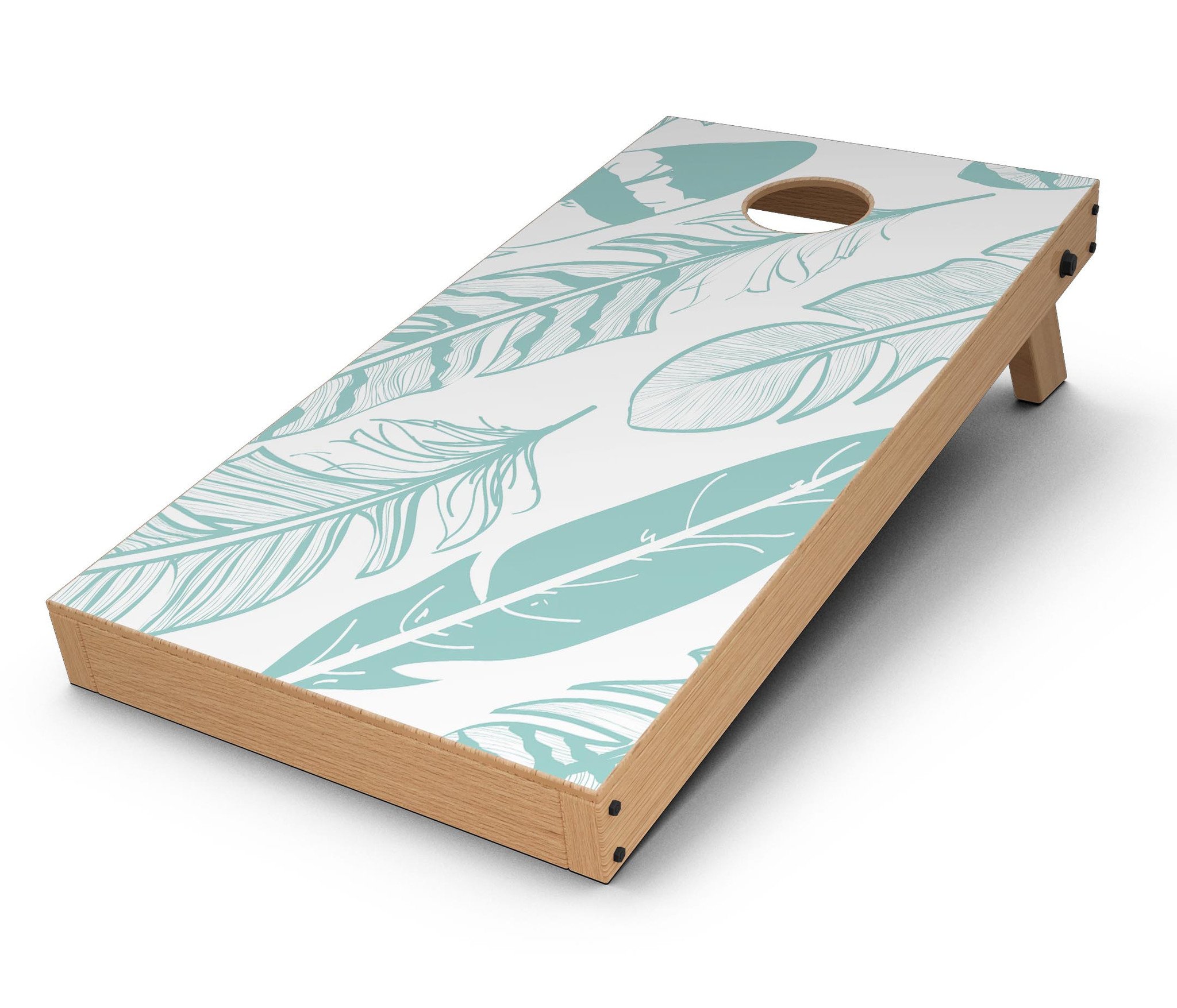 Teal Feather Pattern Cornhole Board Skin Decal Kit displayed on a wooden surface, showcasing vibrant colors and intricate feather design.