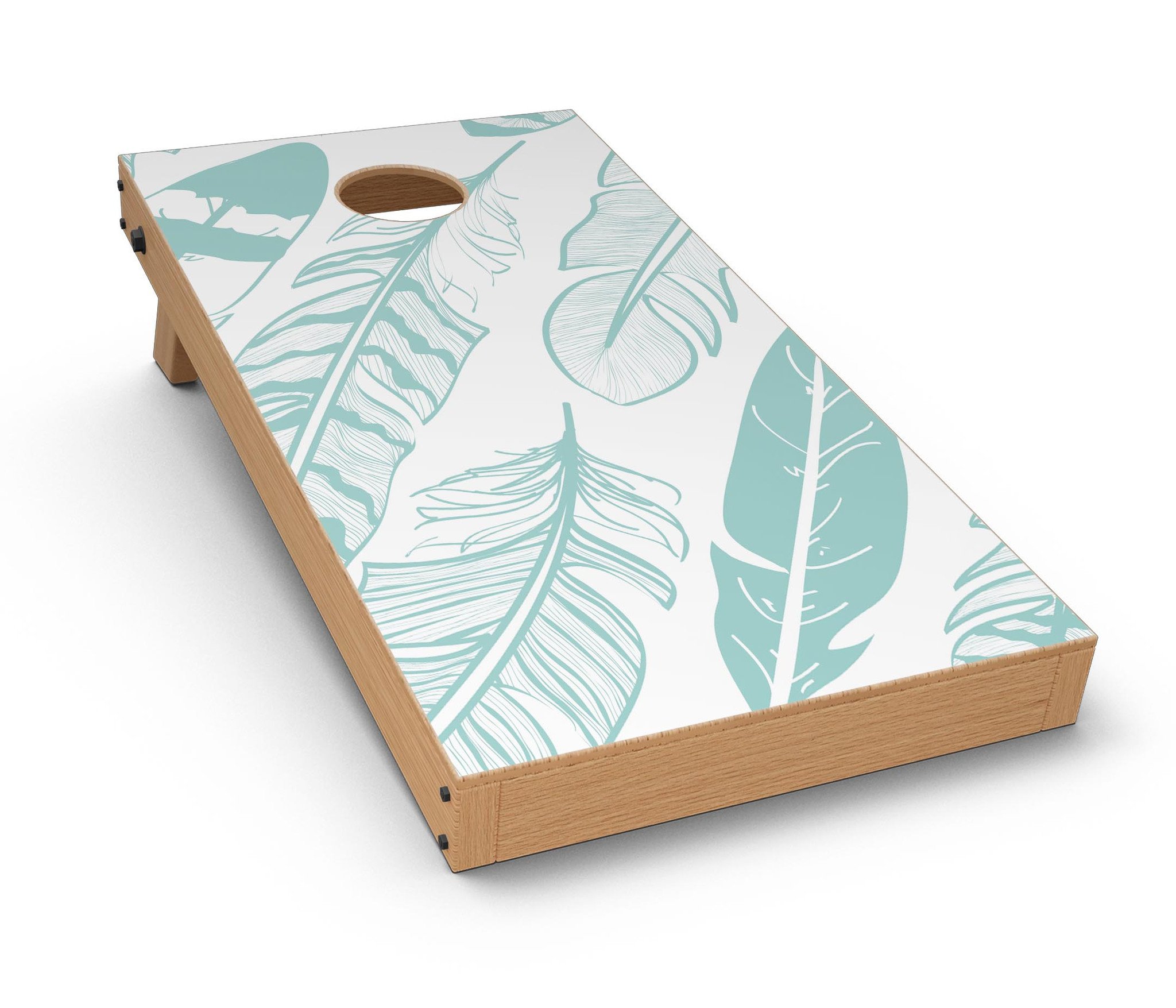 Teal Feather Pattern Cornhole Board Skin Decal Kit displayed on a wooden surface, showcasing vibrant colors and intricate feather design.