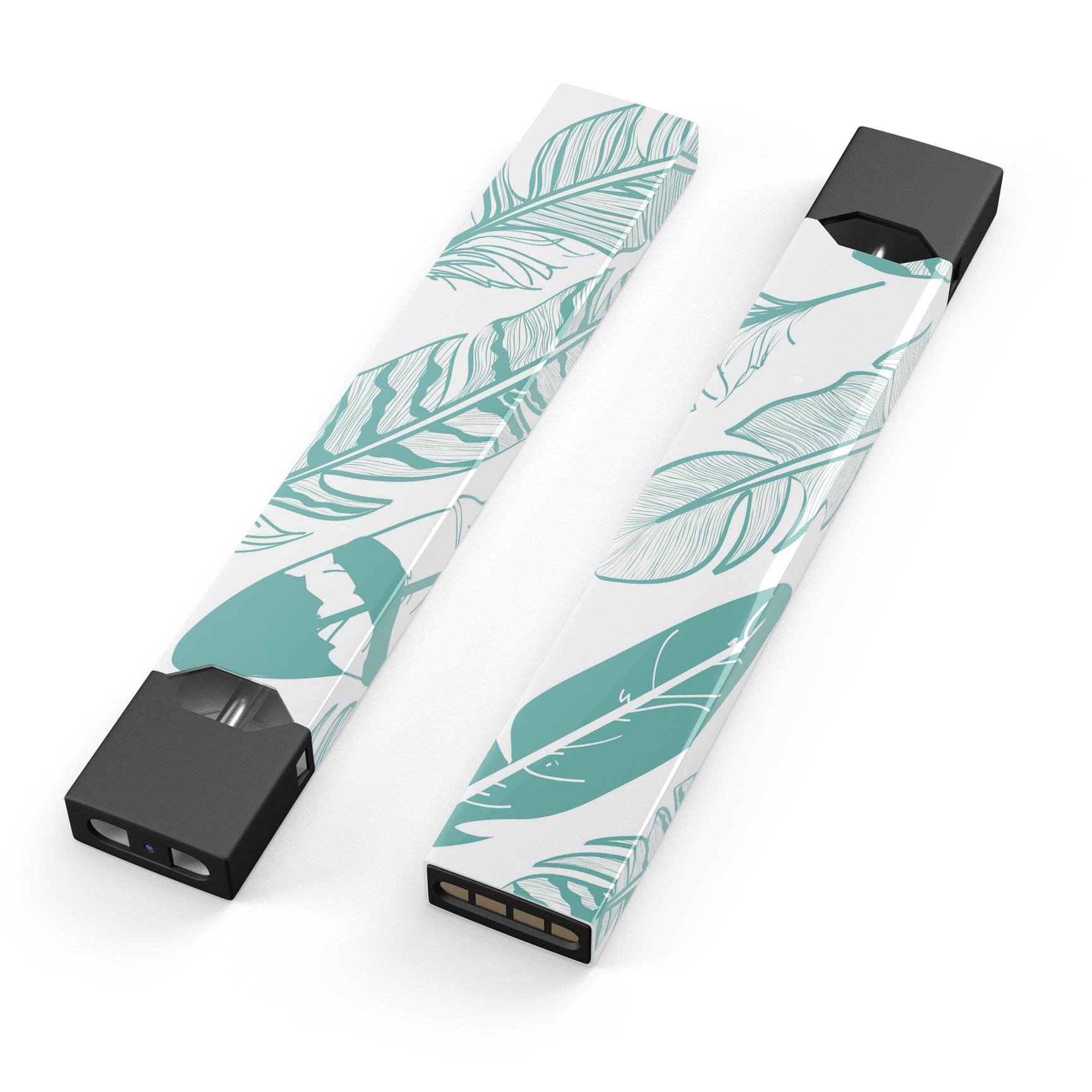 Teal Feather Pattern skin-wrap sticker designed for JUUL vaping device, showcasing vibrant colors and intricate feather design.