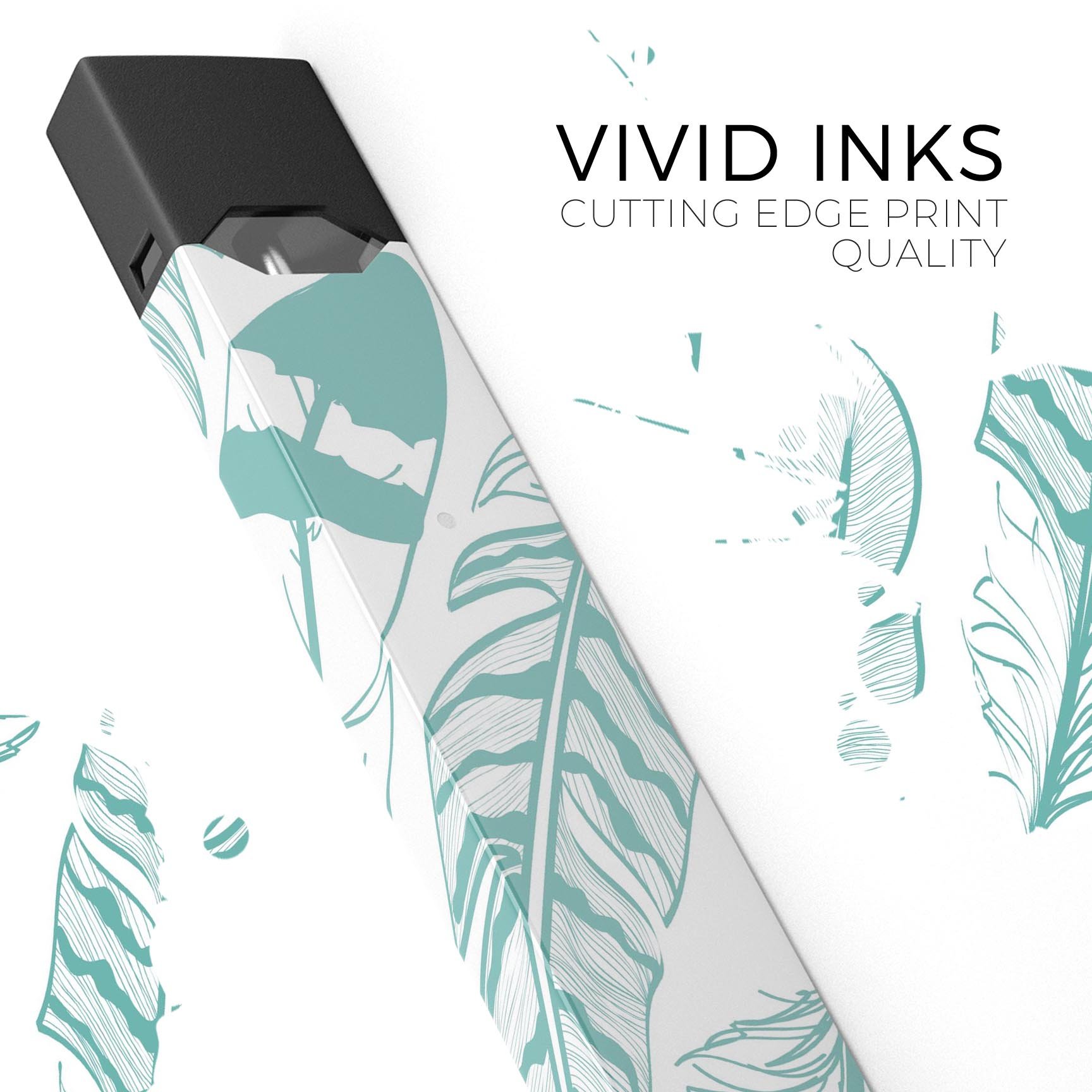 Teal Feather Pattern skin-wrap sticker designed for JUUL vaping device, showcasing vibrant colors and intricate feather design.