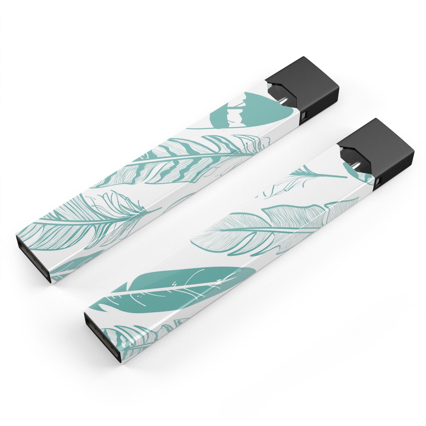 Teal Feather Pattern skin-wrap sticker designed for JUUL vaping device, showcasing vibrant colors and intricate feather design.