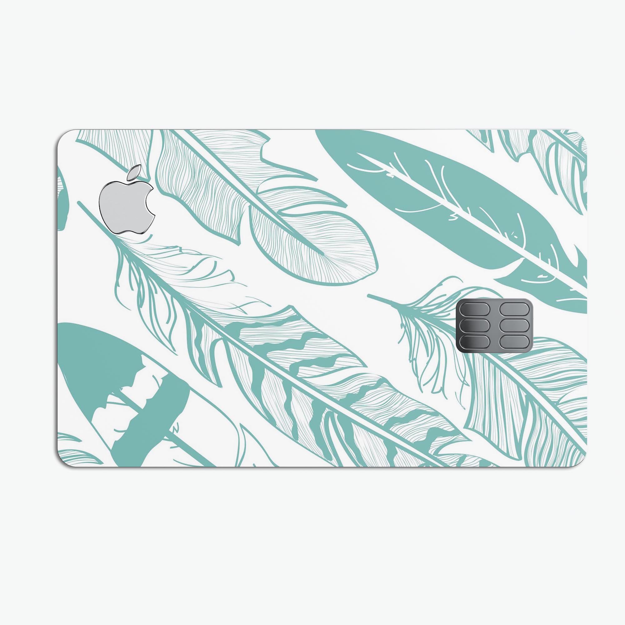 Teal Feather Pattern decal skin for Apple Card, showcasing vibrant colors and protective design.