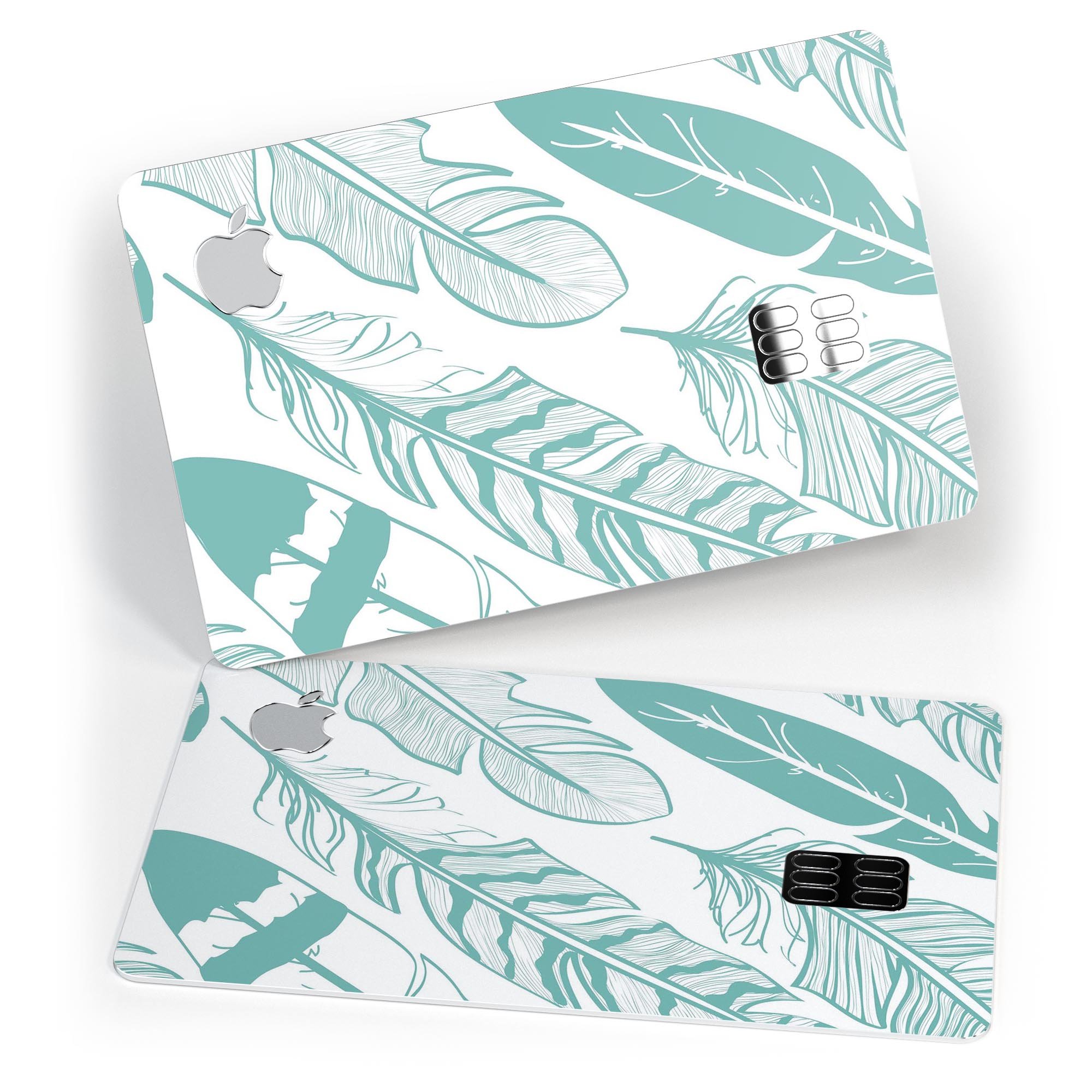 Teal Feather Pattern decal skin for Apple Card, showcasing vibrant colors and protective design.