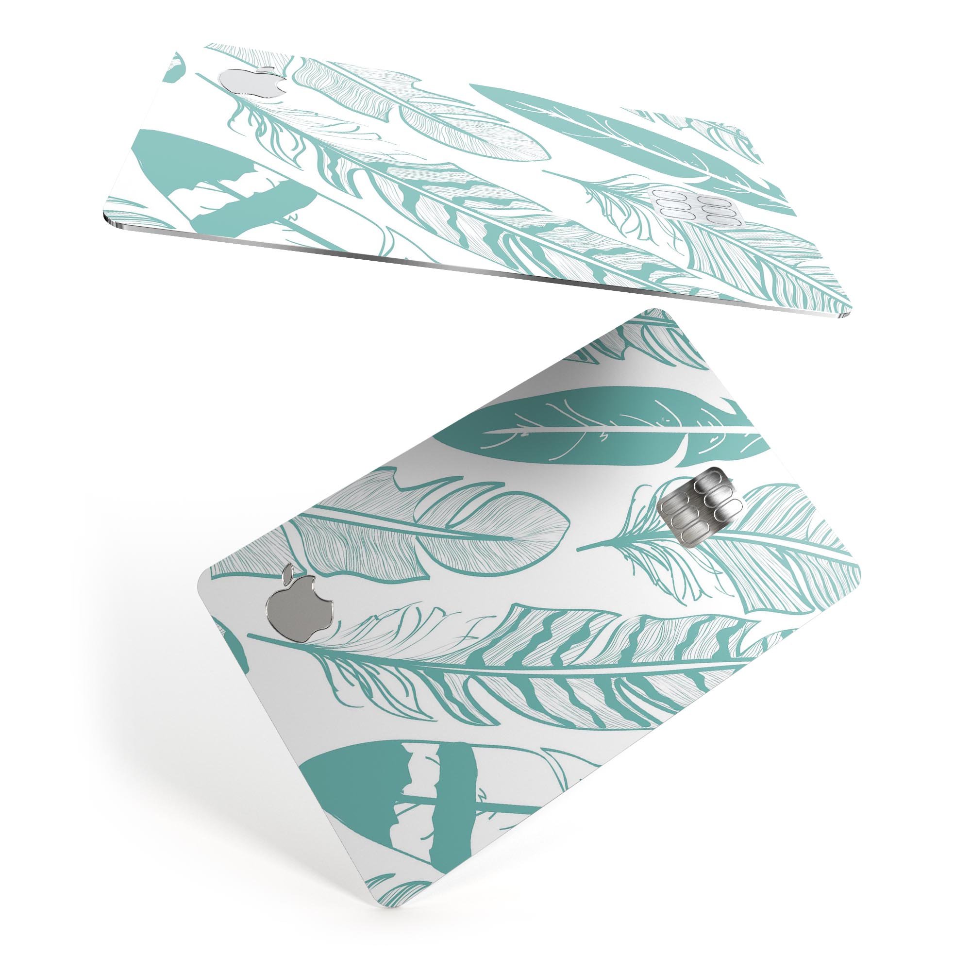 Teal Feather Pattern decal skin for Apple Card, showcasing vibrant colors and protective design.