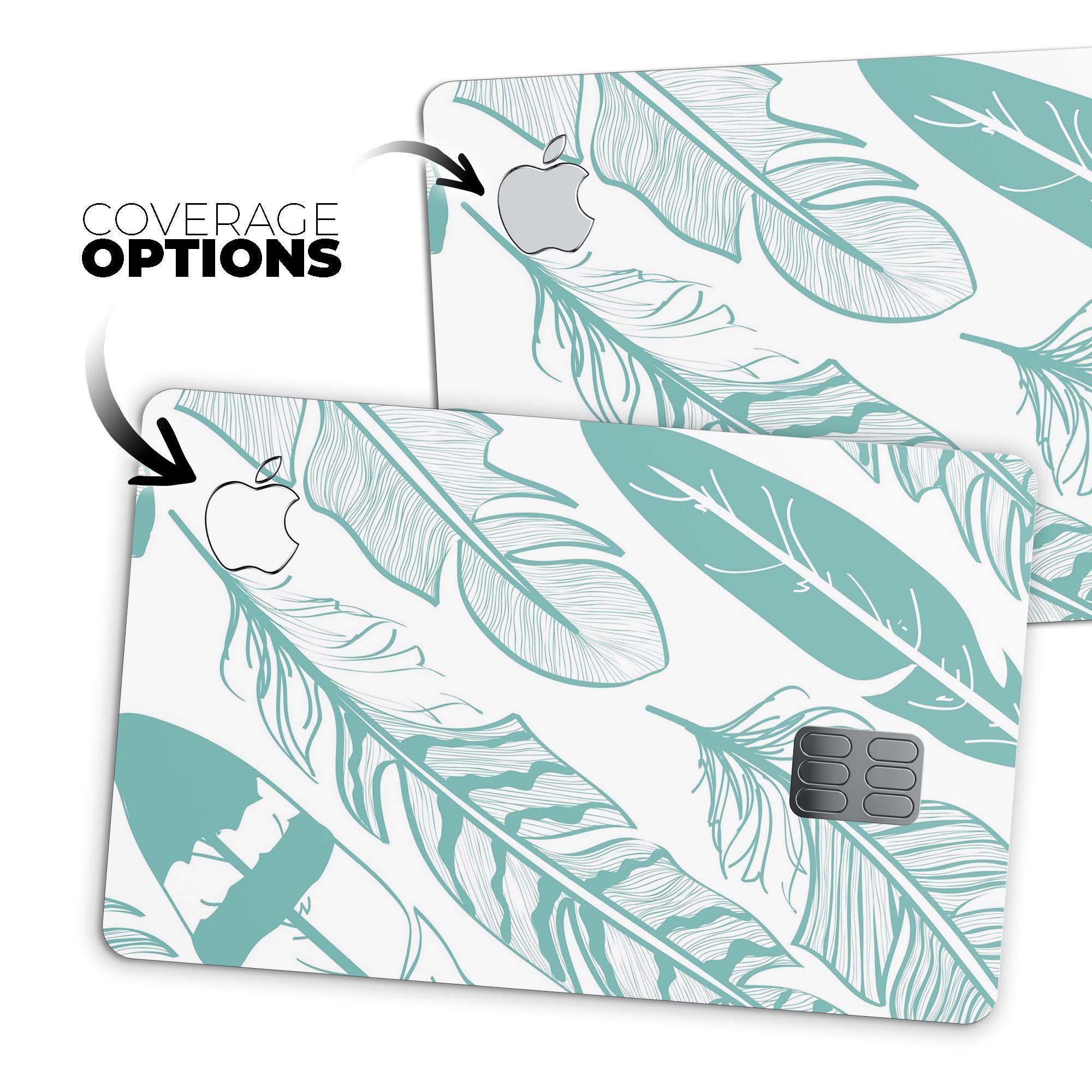 Teal Feather Pattern decal skin for Apple Card, showcasing vibrant colors and protective design.