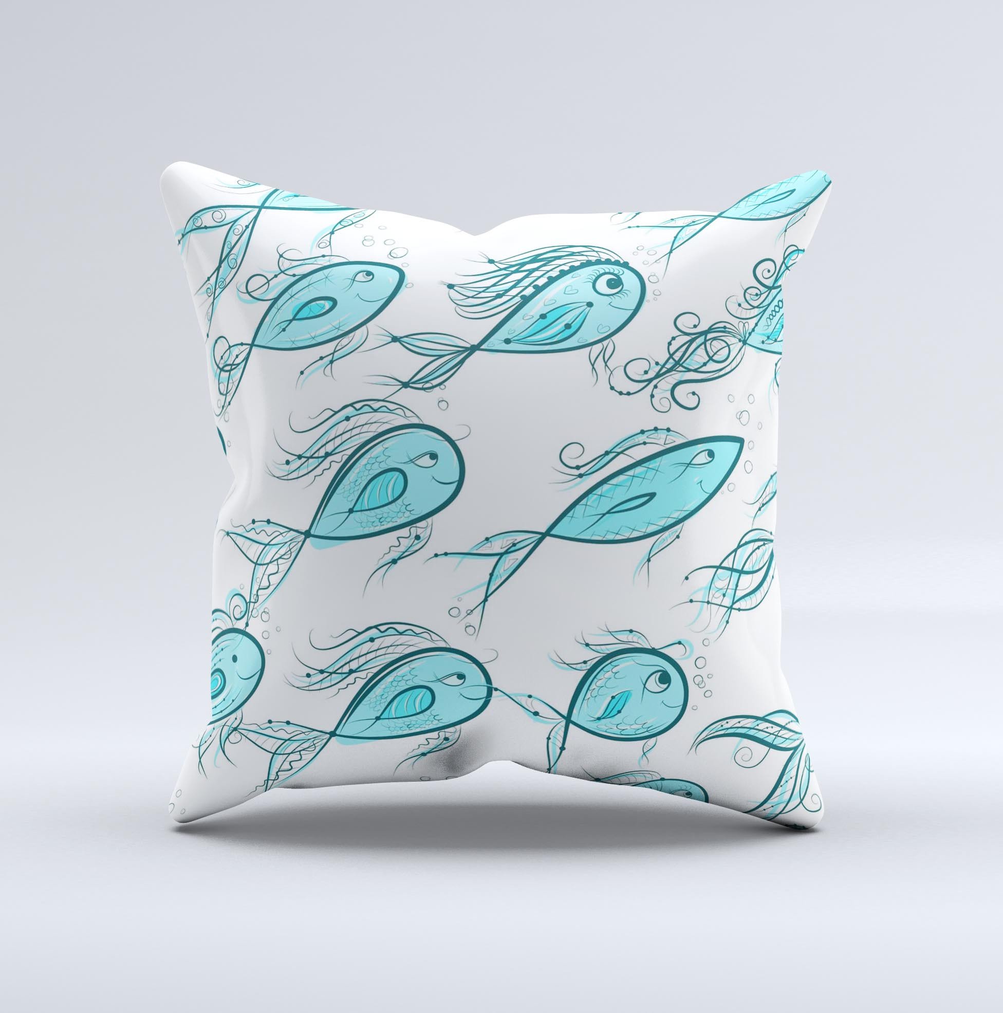 Teal Fishies Ink-Fuzed Decorative Throw Pillow featuring a vibrant fish design on a soft fabric, handcrafted in Virginia.