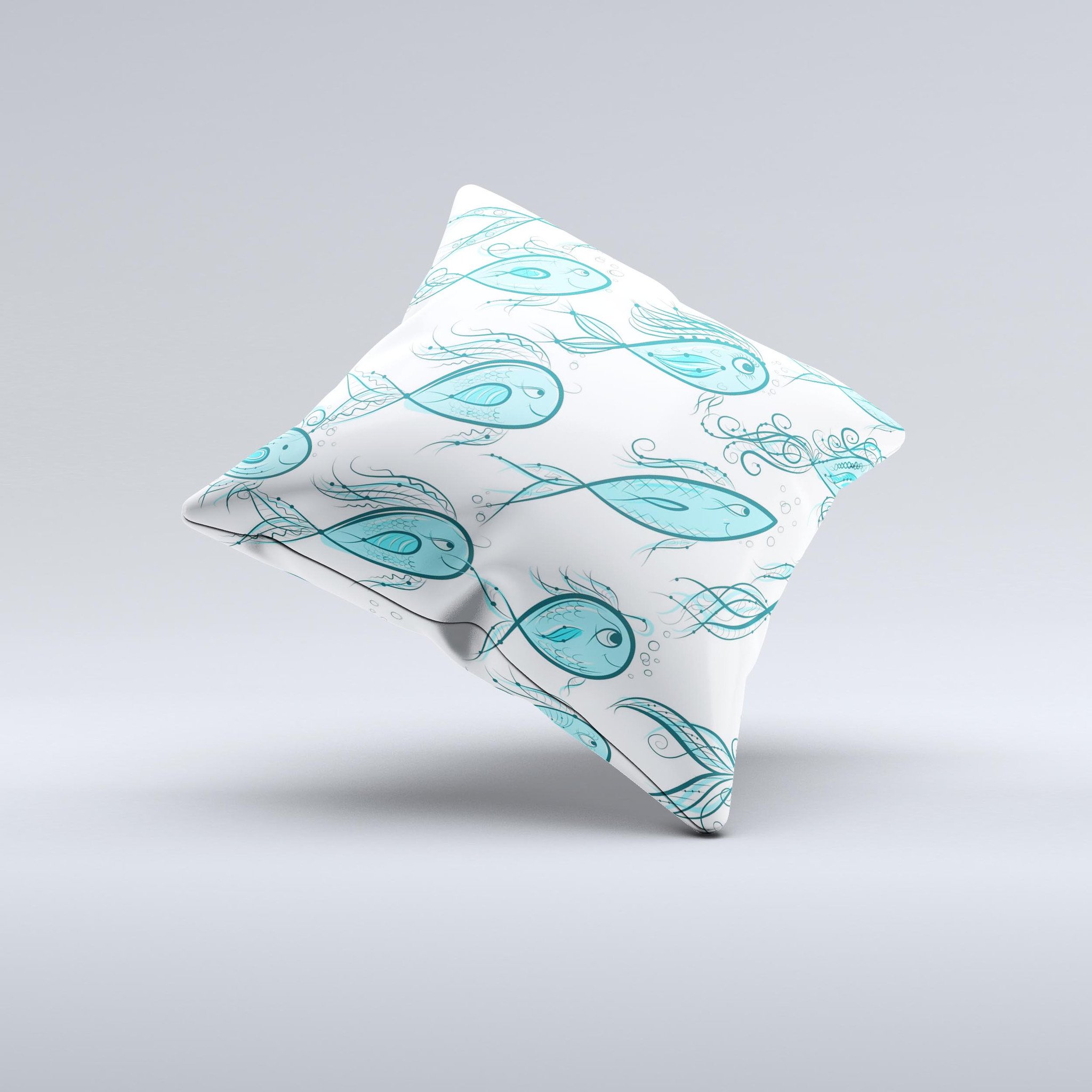 Teal Fishies Ink-Fuzed Decorative Throw Pillow featuring a vibrant fish design on a soft fabric, handcrafted in Virginia.