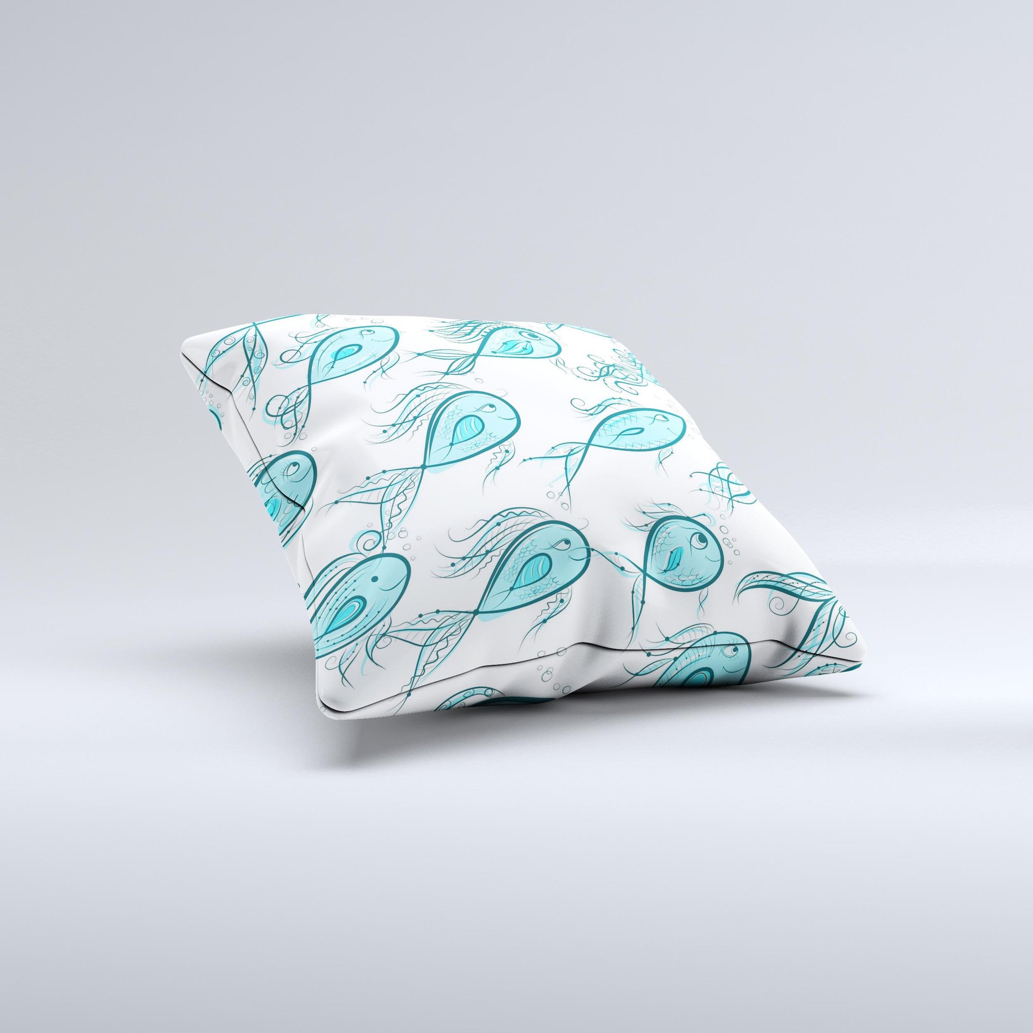 Teal Fishies Ink-Fuzed Decorative Throw Pillow featuring a vibrant fish design on a soft fabric, handcrafted in Virginia.