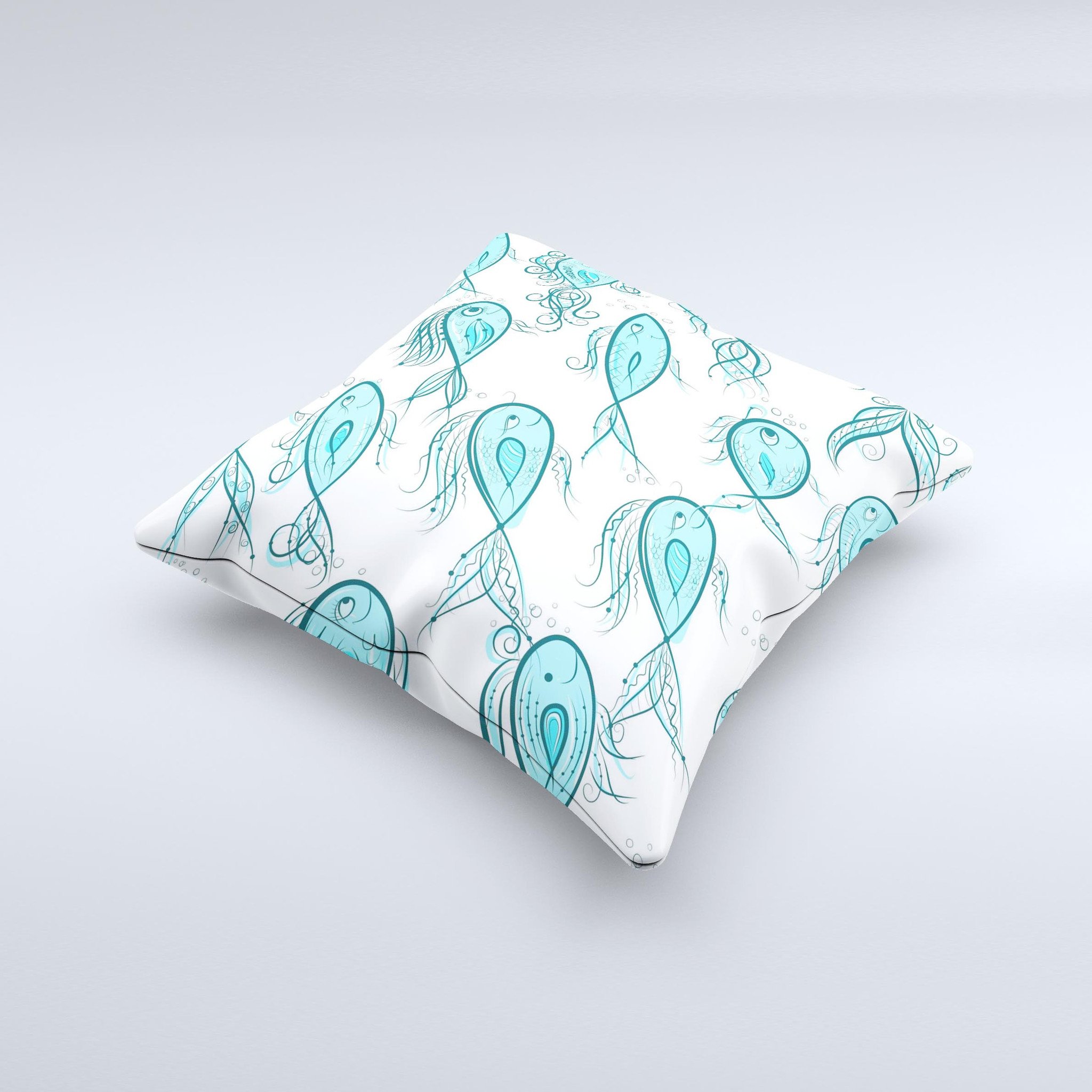 Teal Fishies Ink-Fuzed Decorative Throw Pillow featuring a vibrant fish design on a soft fabric, handcrafted in Virginia.