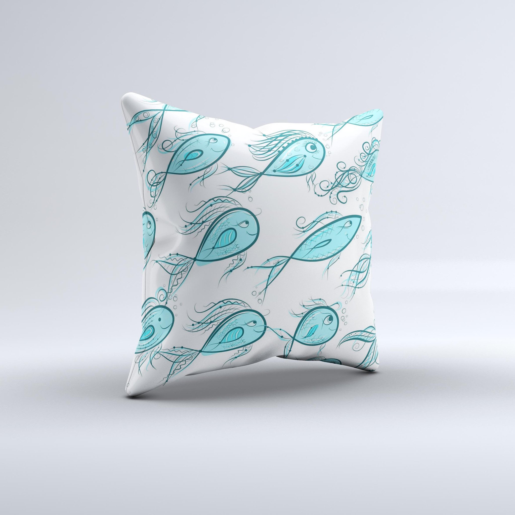 Teal Fishies Ink-Fuzed Decorative Throw Pillow featuring a vibrant fish design on a soft fabric, handcrafted in Virginia.