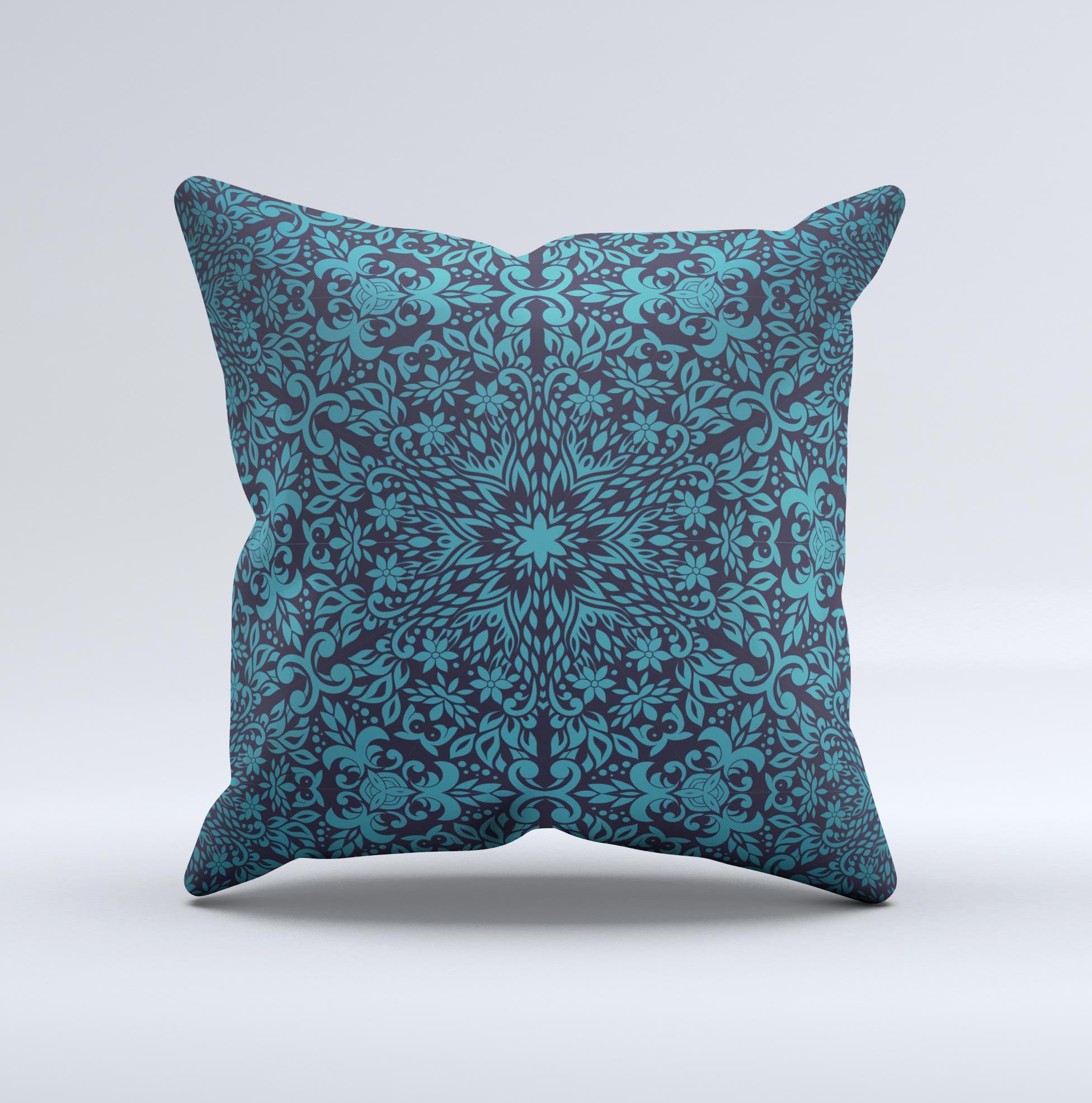 Teal floral mirrored pattern decorative throw pillow, handcrafted with high thread count fabric and non-allergenic filling.