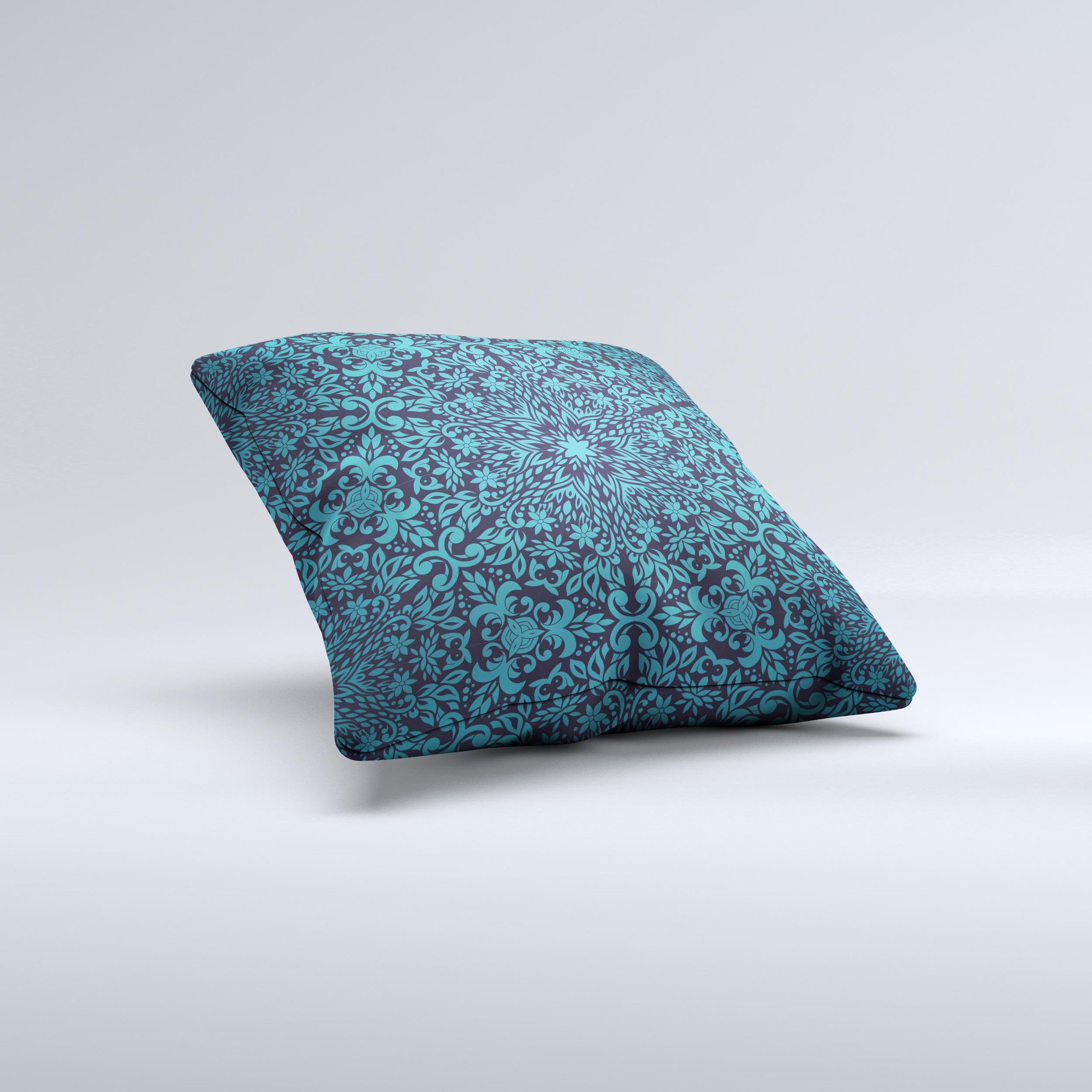 Teal floral mirrored pattern decorative throw pillow, handcrafted with high thread count fabric and non-allergenic filling.