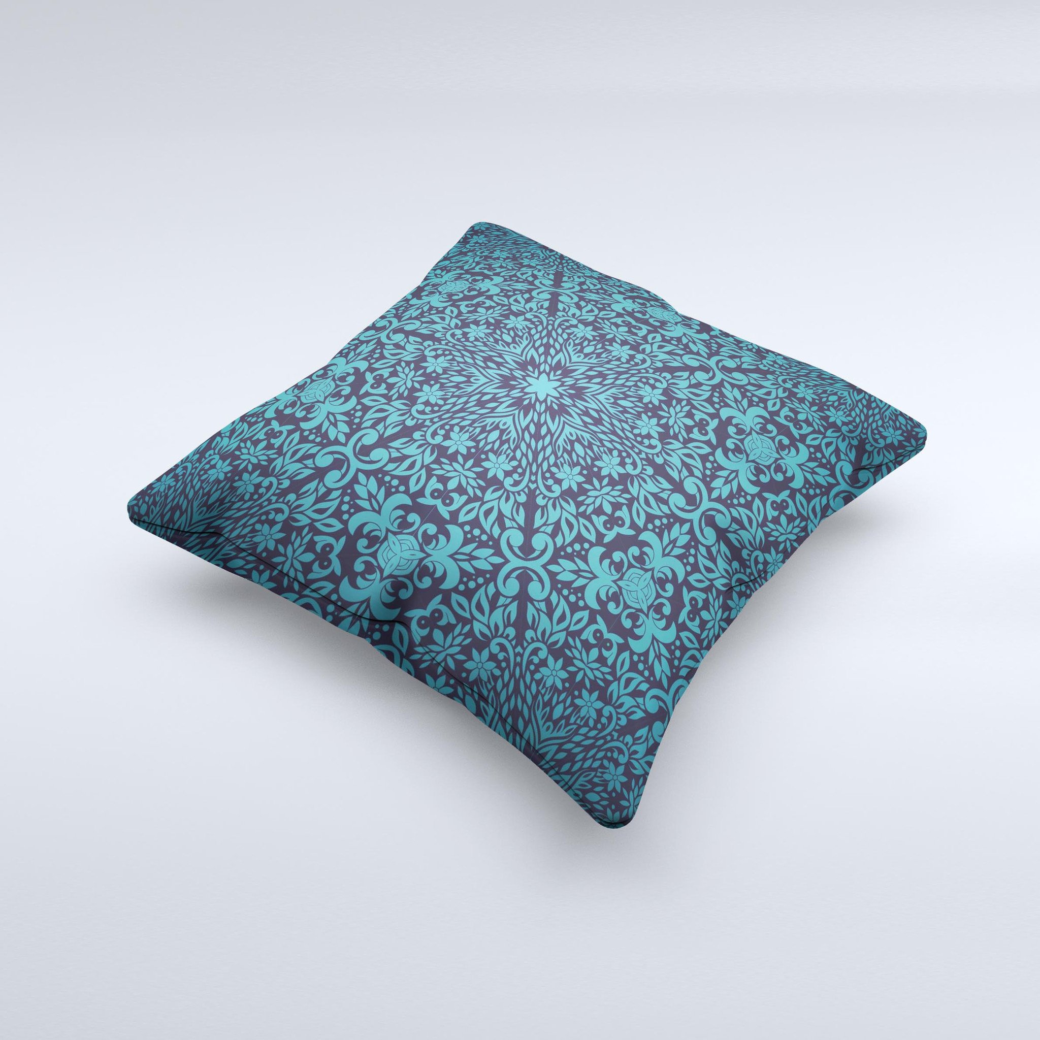 Teal floral mirrored pattern decorative throw pillow, handcrafted with high thread count fabric and non-allergenic filling.