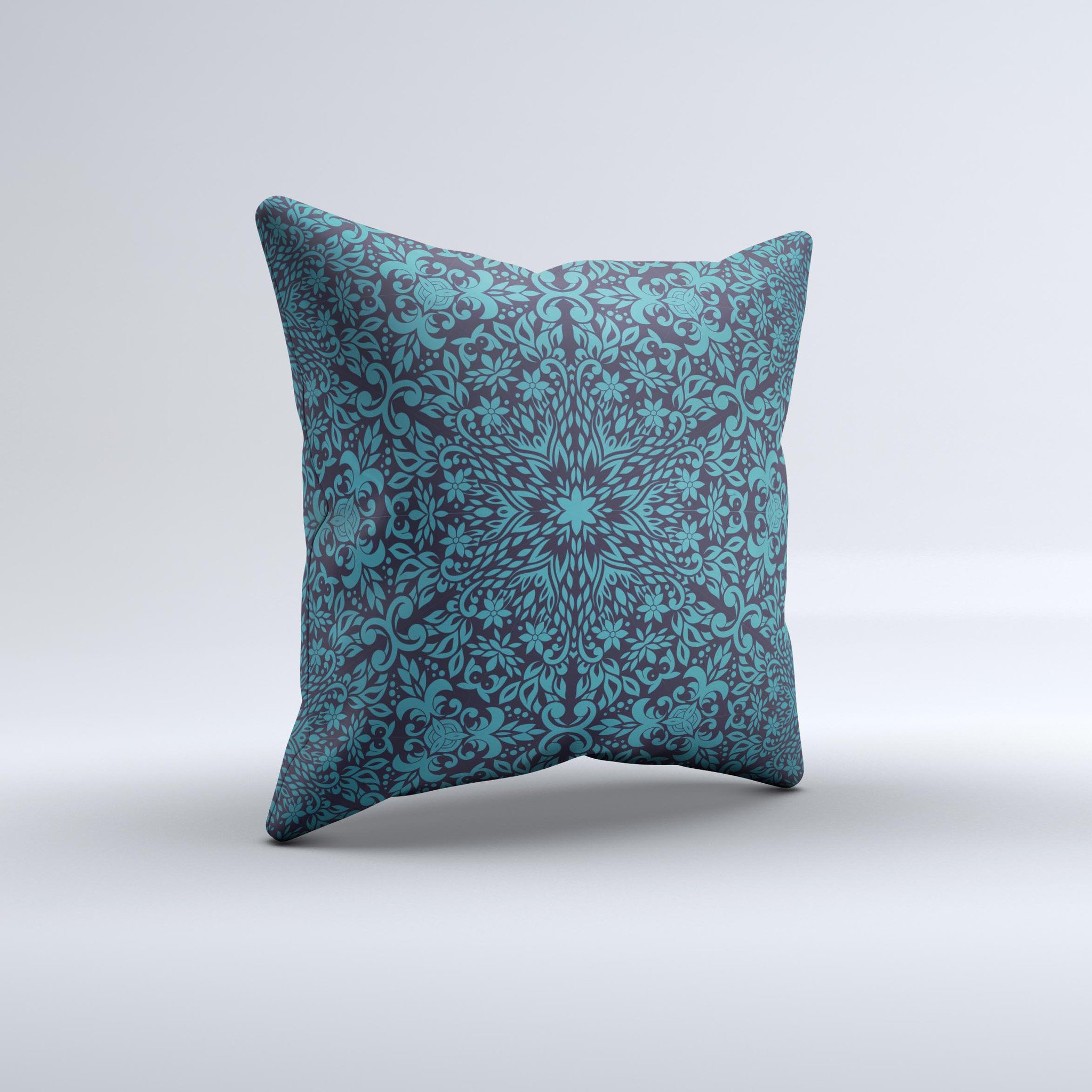 Teal floral mirrored pattern decorative throw pillow, handcrafted with high thread count fabric and non-allergenic filling.