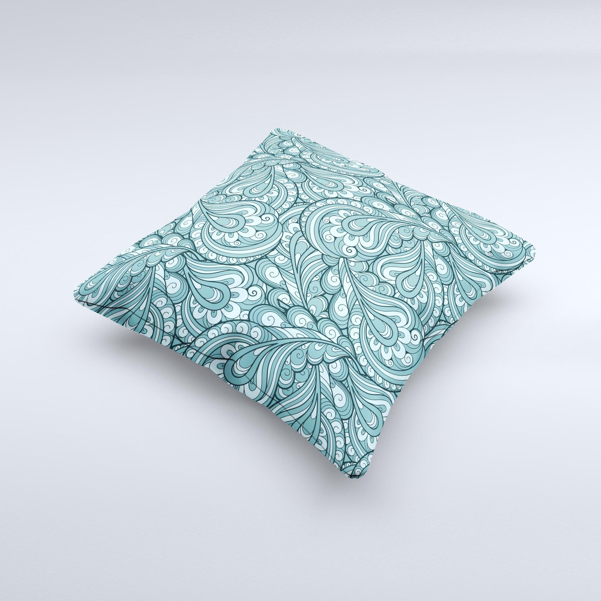 Teal decorative throw pillow featuring a floral paisley pattern, showcasing vibrant colors and intricate designs, perfect for home decor.