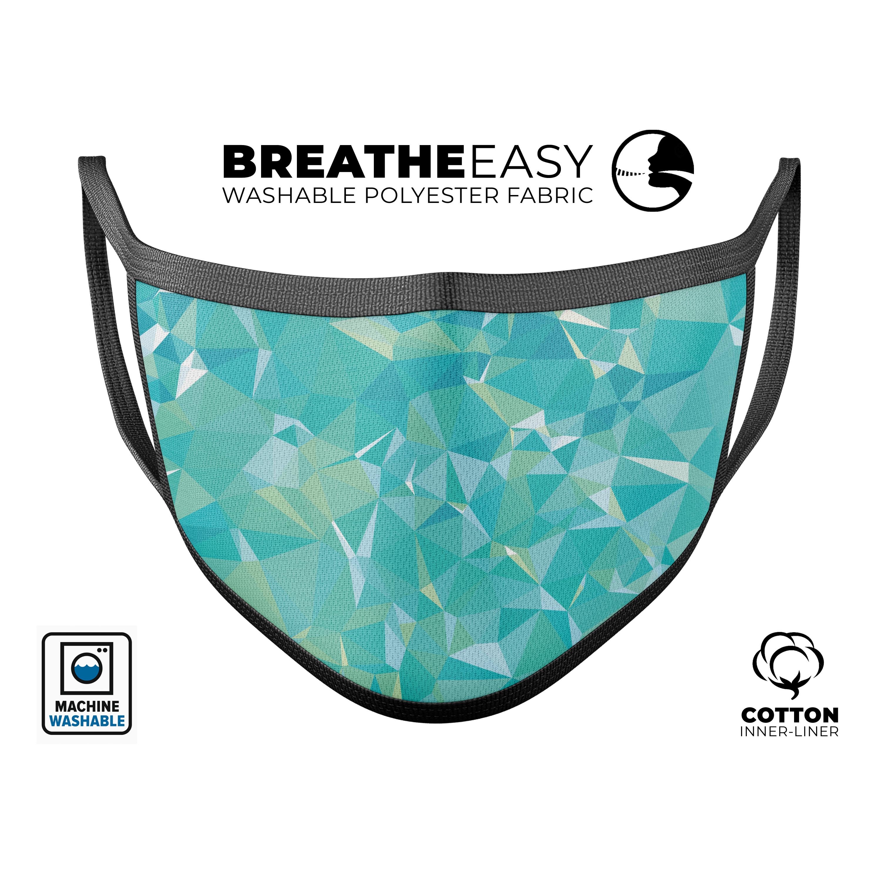 Teal Geometric V13 mouth cover, a stylish unisex anti-dust cotton mask with adjustable ear loops, made in the USA.