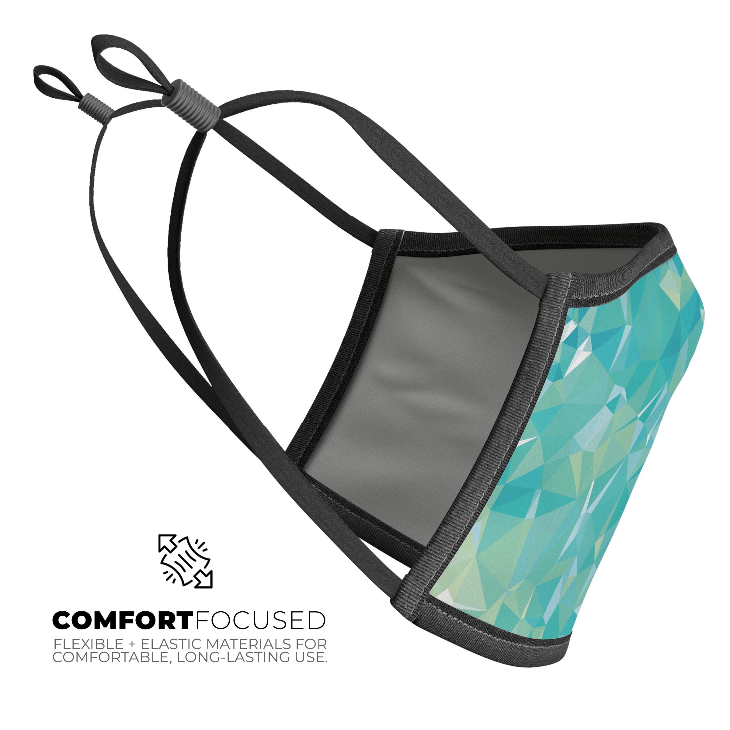 Teal Geometric V13 mouth cover, a stylish unisex anti-dust cotton mask with adjustable ear loops, made in the USA.