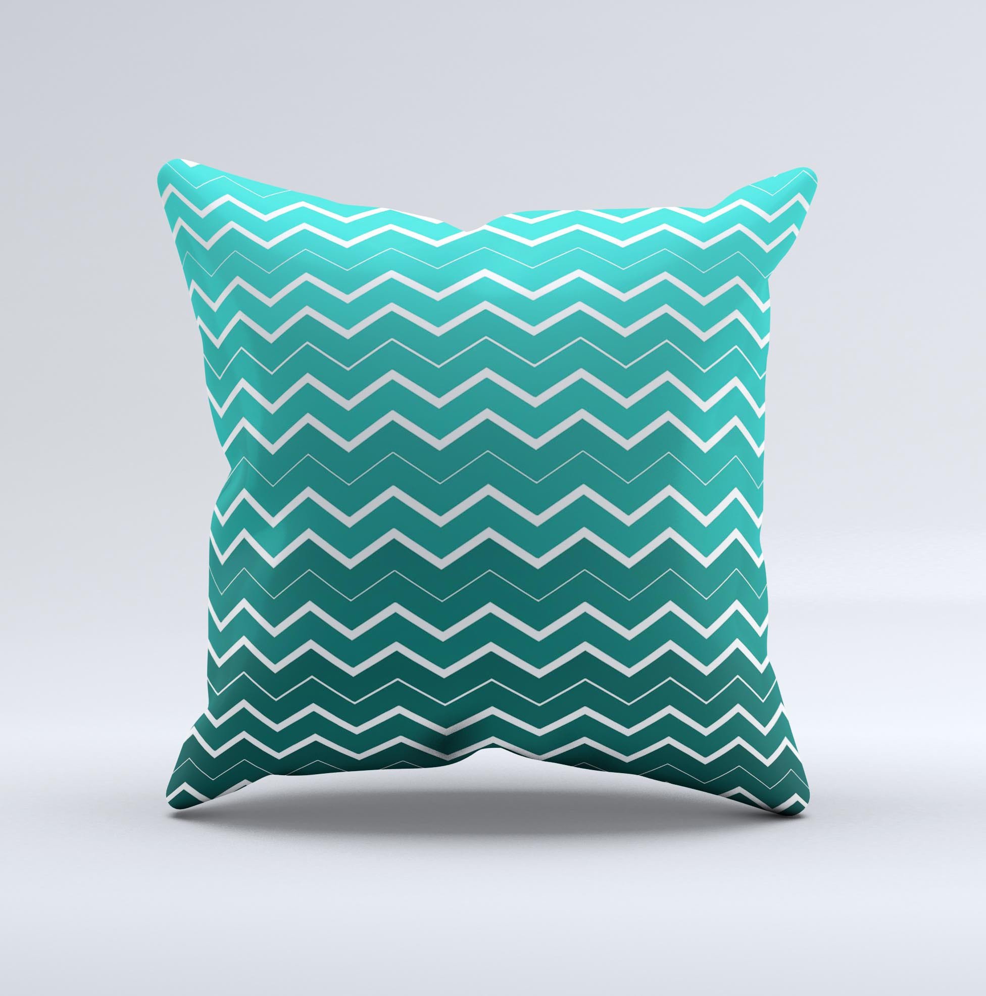 Teal Gradient Layered Chevron Decorative Throw Pillow showcasing a vibrant chevron pattern with a soft texture, handcrafted in Virginia.