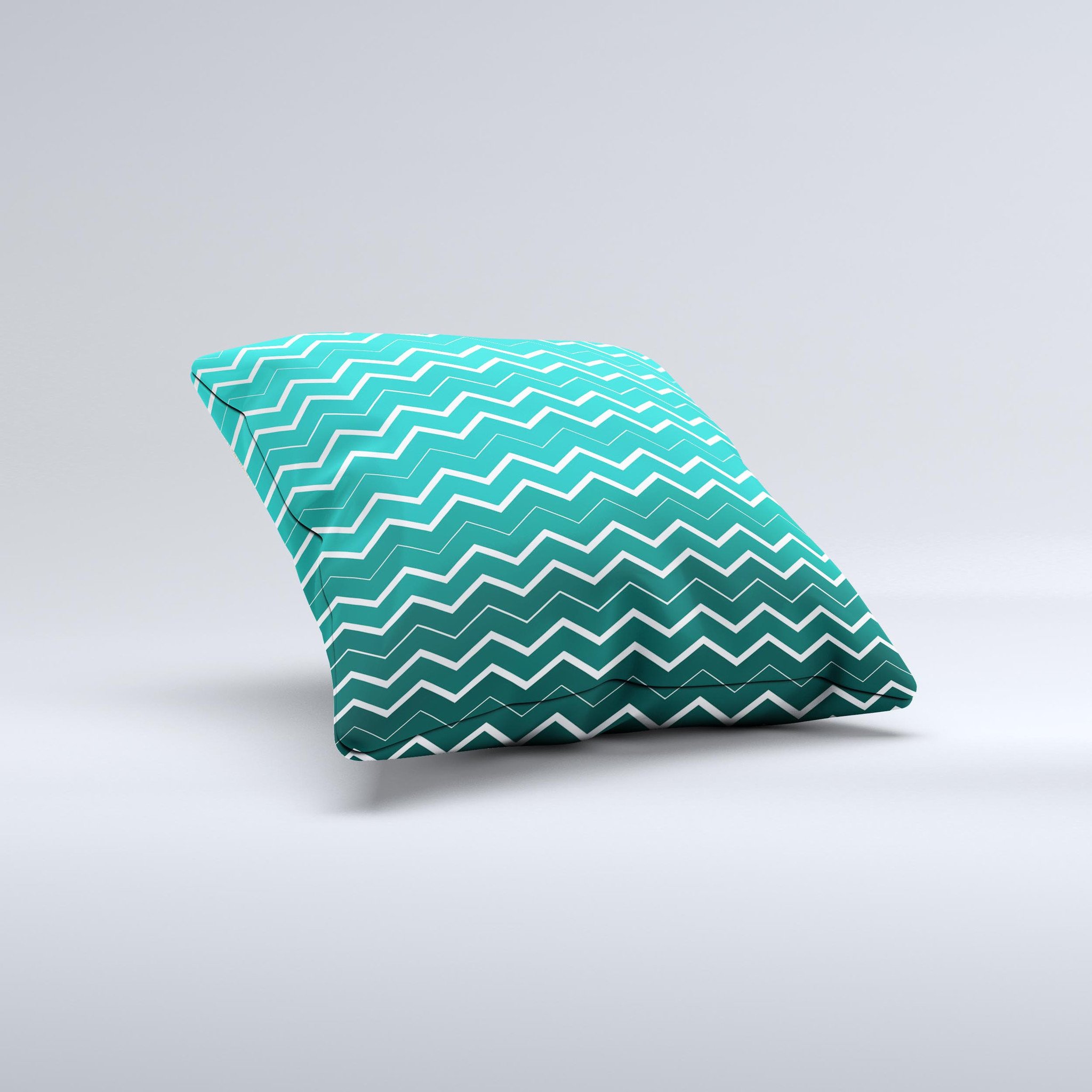 Teal Gradient Layered Chevron Decorative Throw Pillow showcasing a vibrant chevron pattern with a soft texture, handcrafted in Virginia.