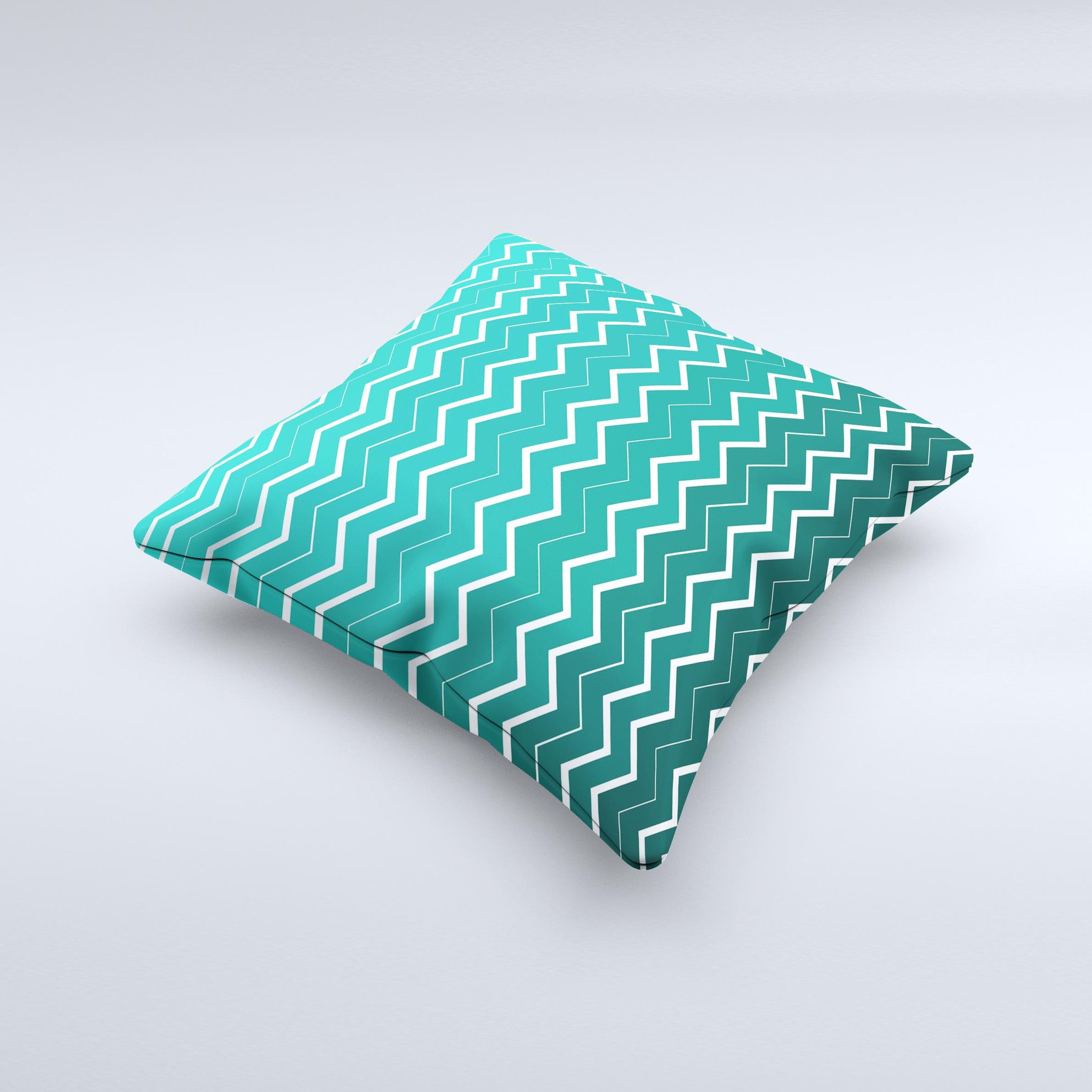 Teal Gradient Layered Chevron Decorative Throw Pillow showcasing a vibrant chevron pattern with a soft texture, handcrafted in Virginia.