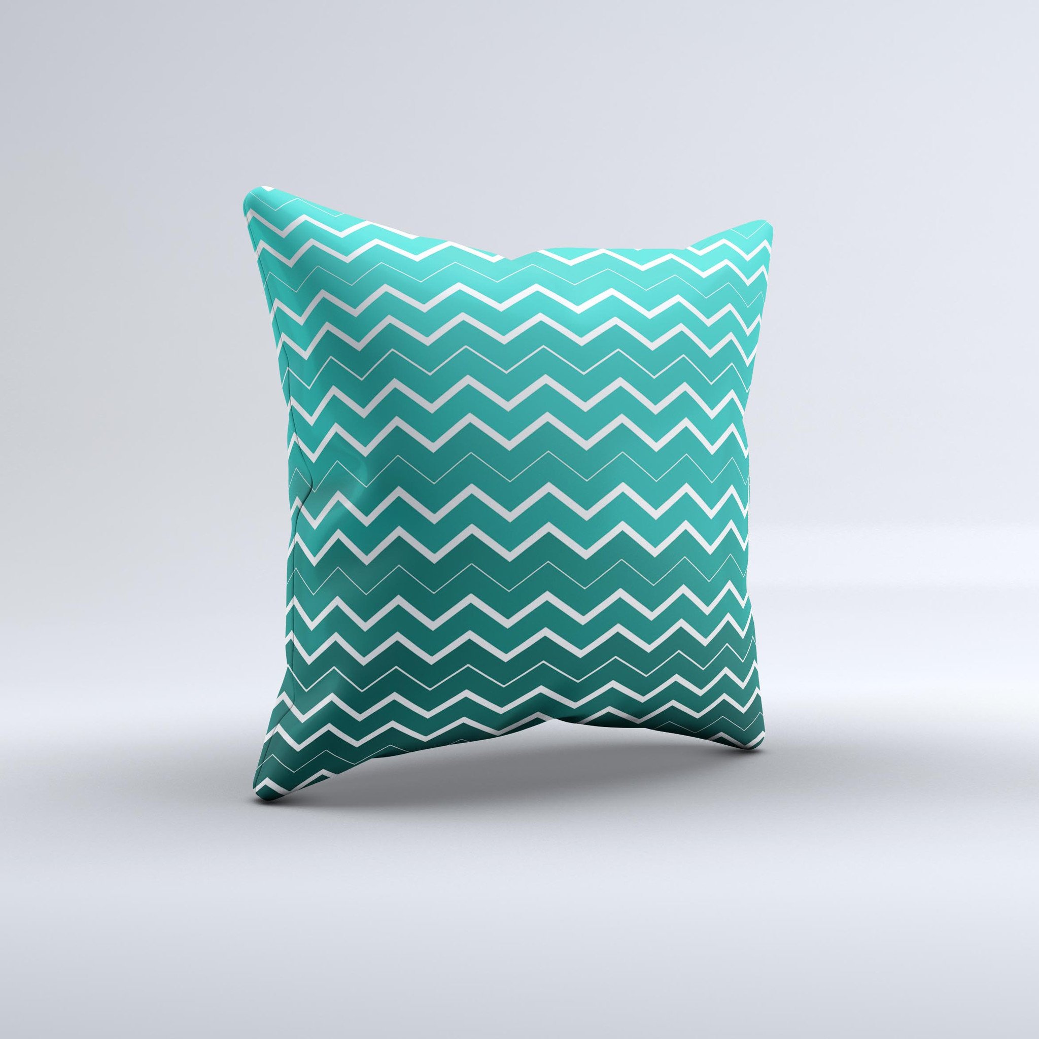 Teal Gradient Layered Chevron Decorative Throw Pillow showcasing a vibrant chevron pattern with a soft texture, handcrafted in Virginia.