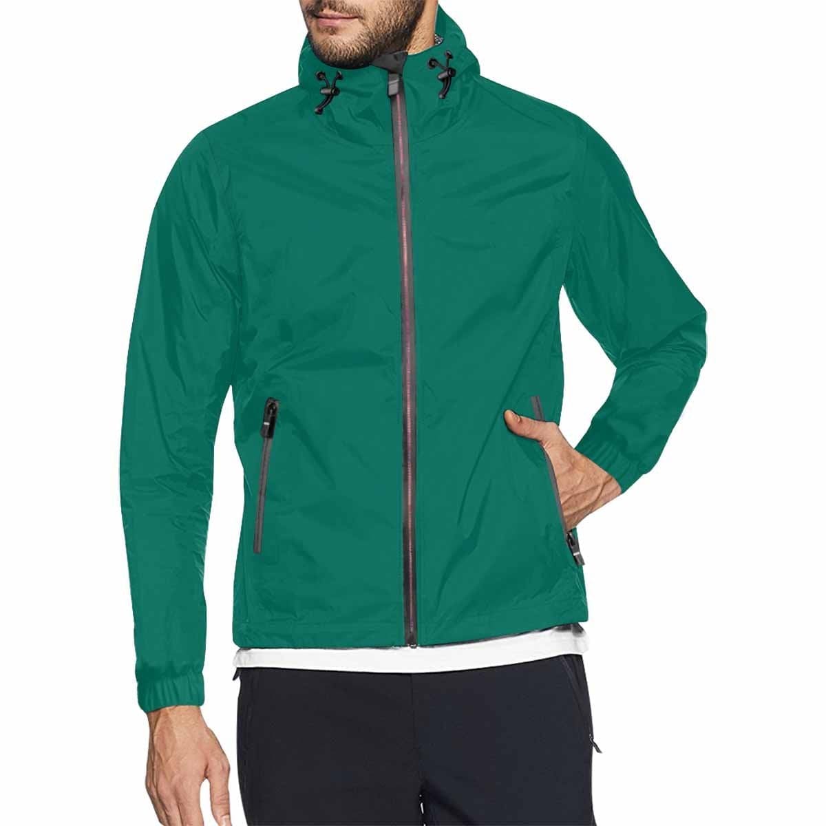 Teal green hooded windbreaker jacket for men and women, featuring a stylish design with zippered pockets and adjustable hood.