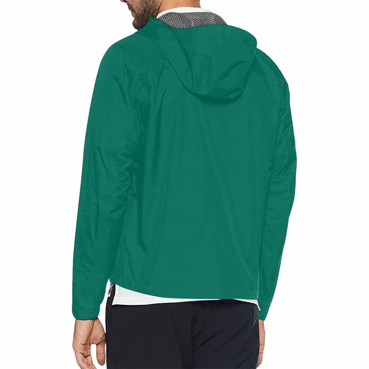 Teal green hooded windbreaker jacket for men and women, featuring a stylish design with zippered pockets and adjustable hood.