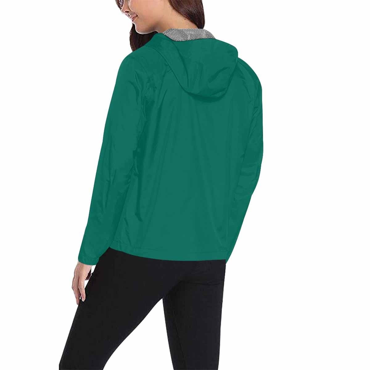 Teal green hooded windbreaker jacket for men and women, featuring a stylish design with zippered pockets and adjustable hood.