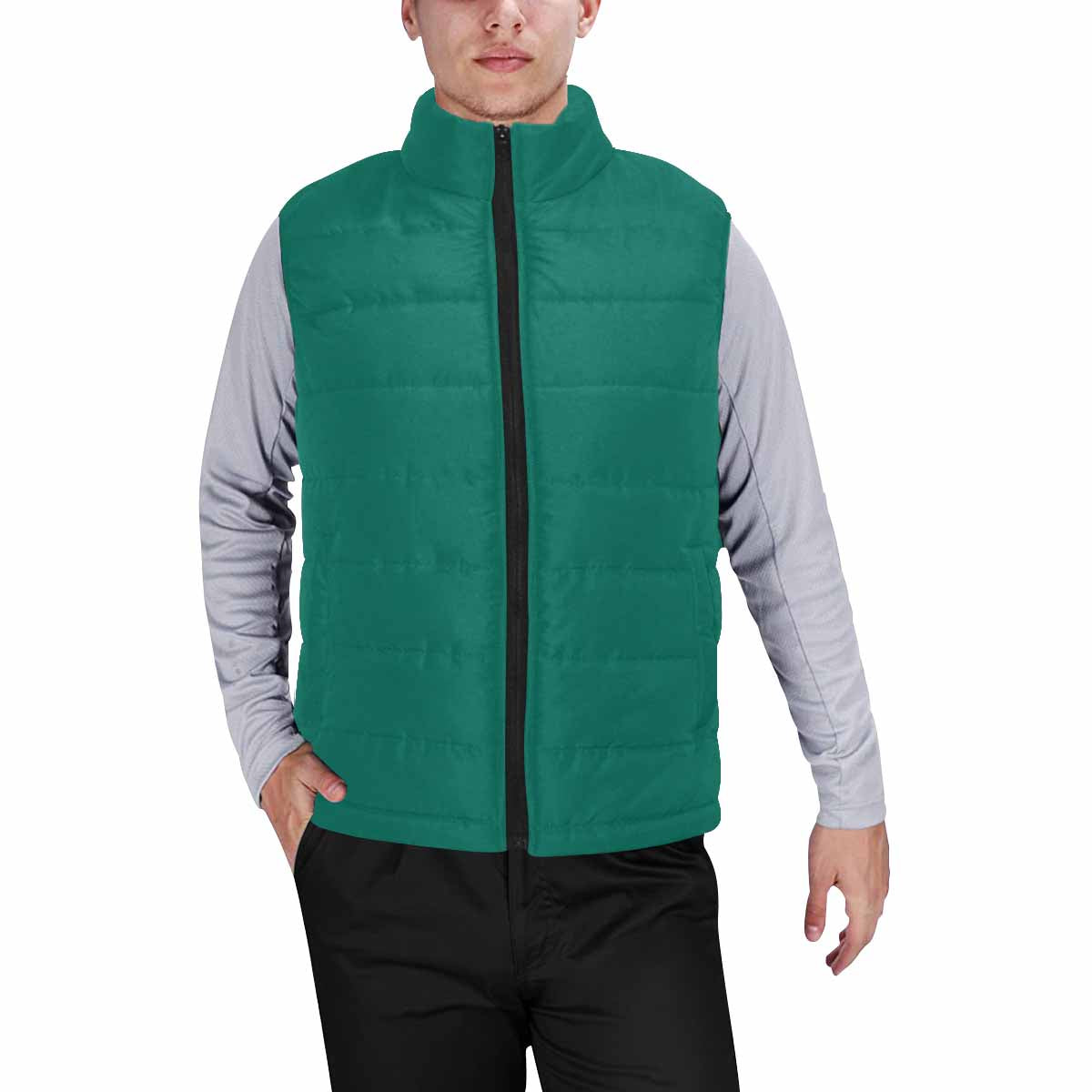 Teal Green Men's Padded Vest featuring a quilted bomber design and zipper closure, made from high-grade matte cloth.