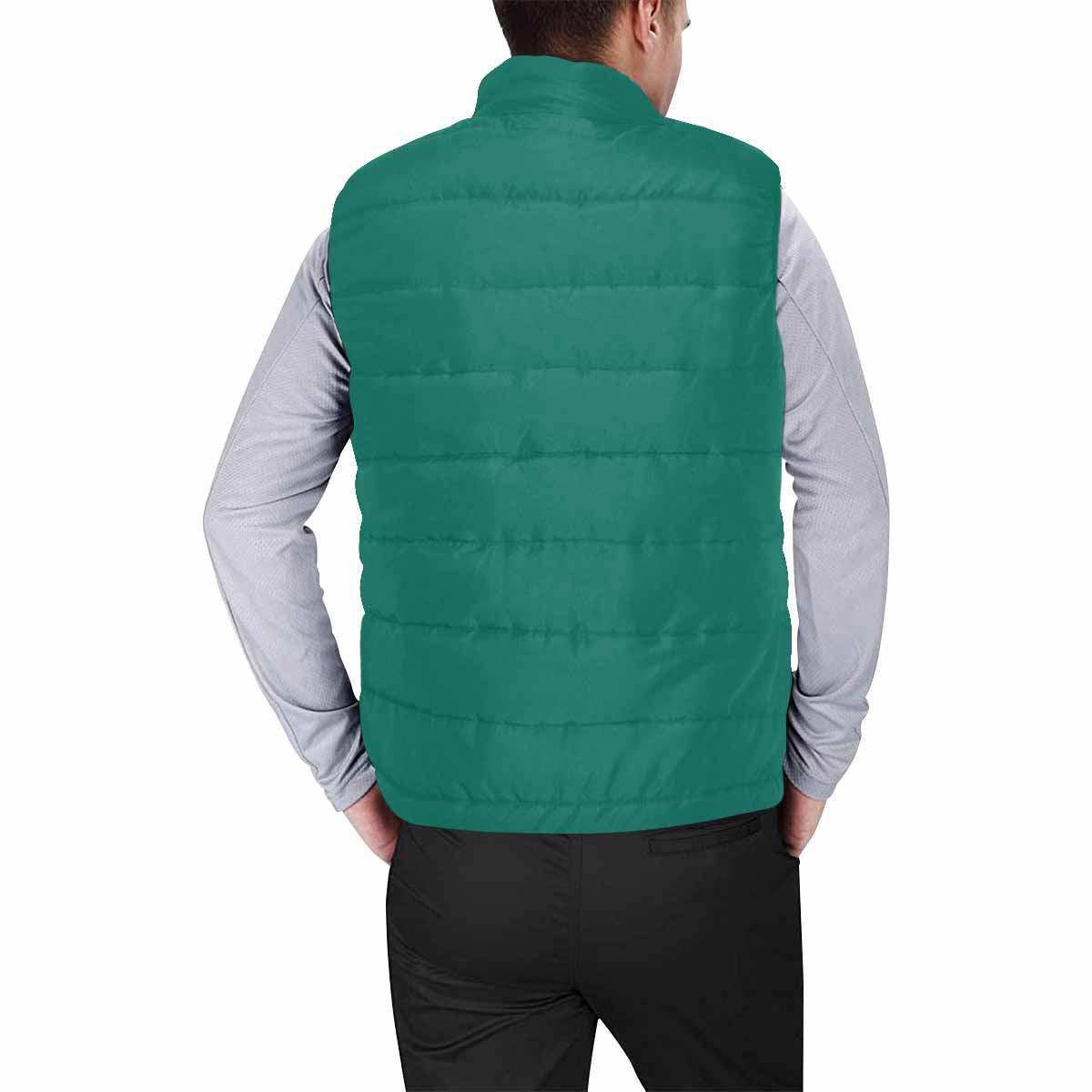 Teal Green Men's Padded Vest featuring a quilted bomber design and zipper closure, made from high-grade matte cloth.