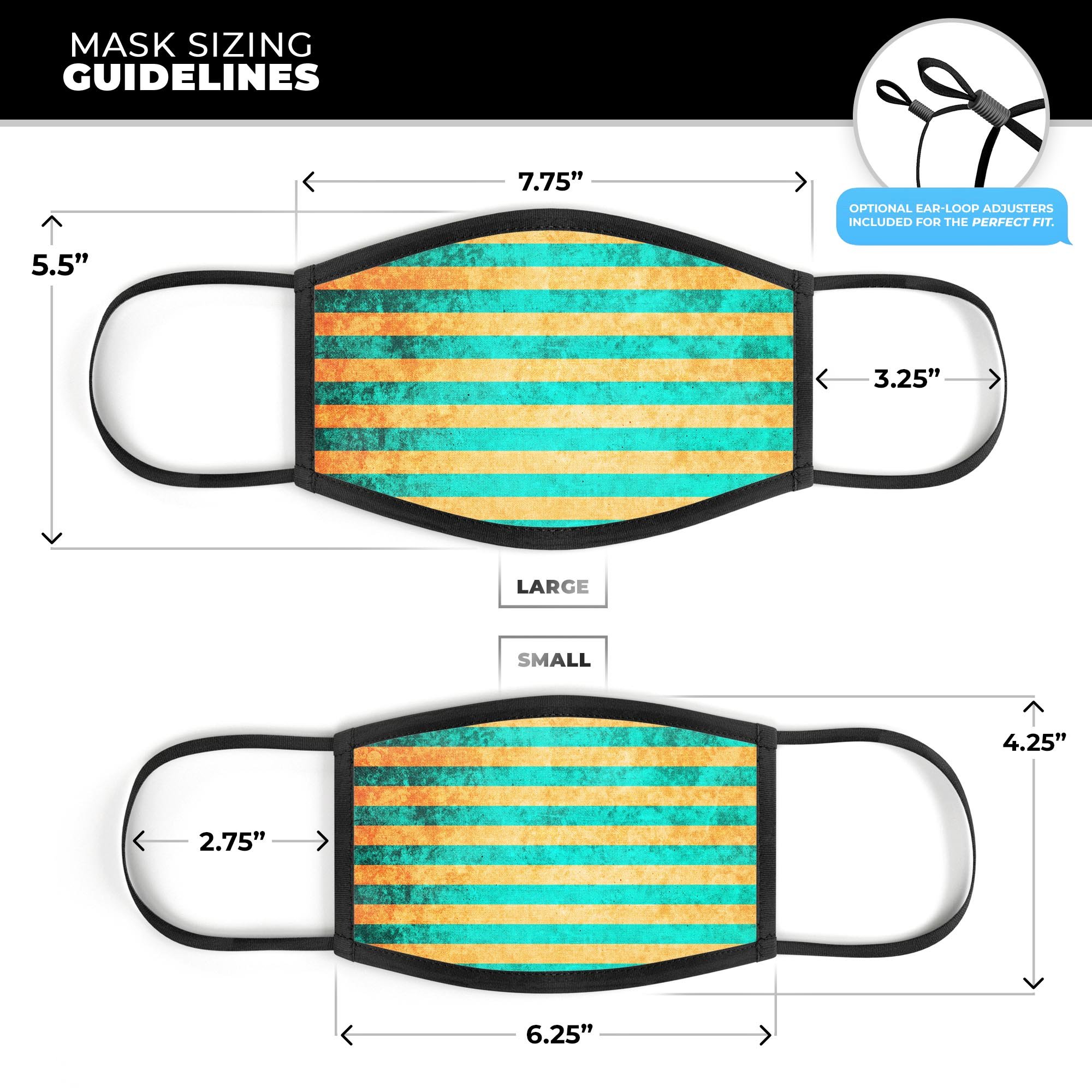 Teal green face mask with vertical gold stripes, showcasing adjustable ear loops and soft cotton interior.