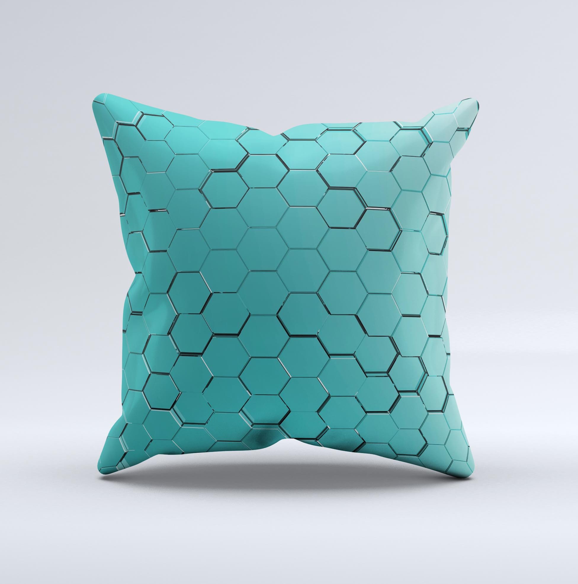 Teal Hexagon Pattern ink-Fuzed Decorative Throw Pillow showcasing a unique geometric design with a soft fabric finish.