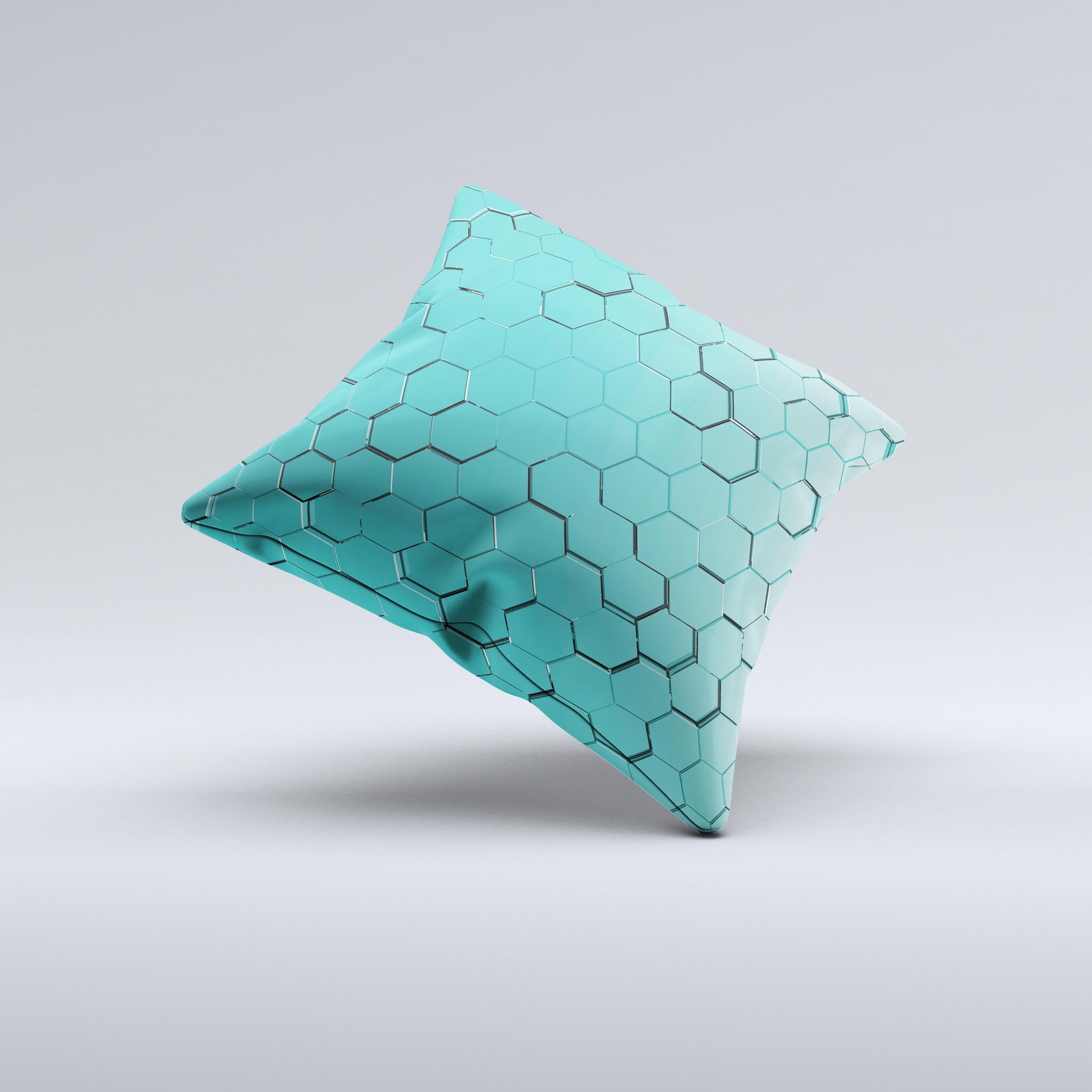 Teal Hexagon Pattern ink-Fuzed Decorative Throw Pillow showcasing a unique geometric design with a soft fabric finish.