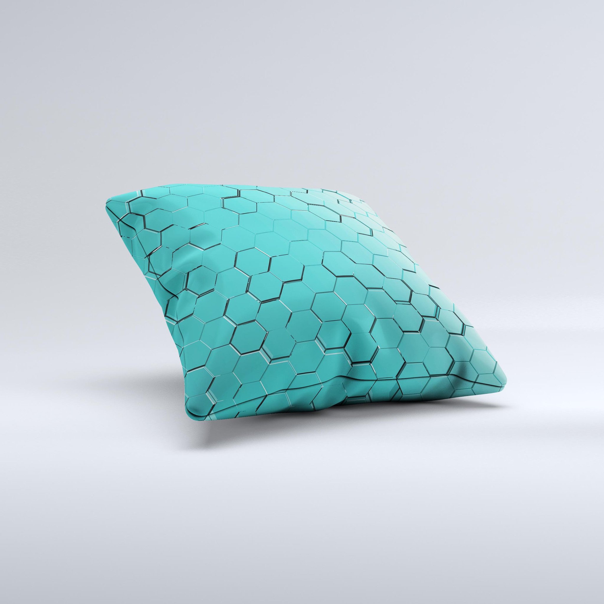 Teal Hexagon Pattern ink-Fuzed Decorative Throw Pillow showcasing a unique geometric design with a soft fabric finish.