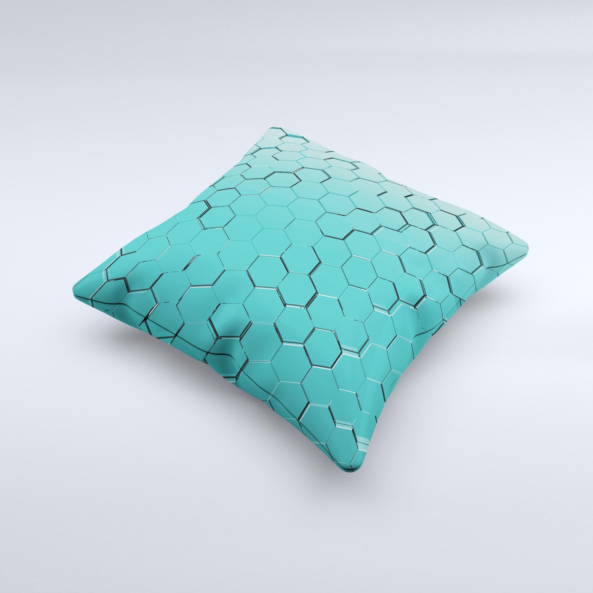 Teal Hexagon Pattern ink-Fuzed Decorative Throw Pillow showcasing a unique geometric design with a soft fabric finish.