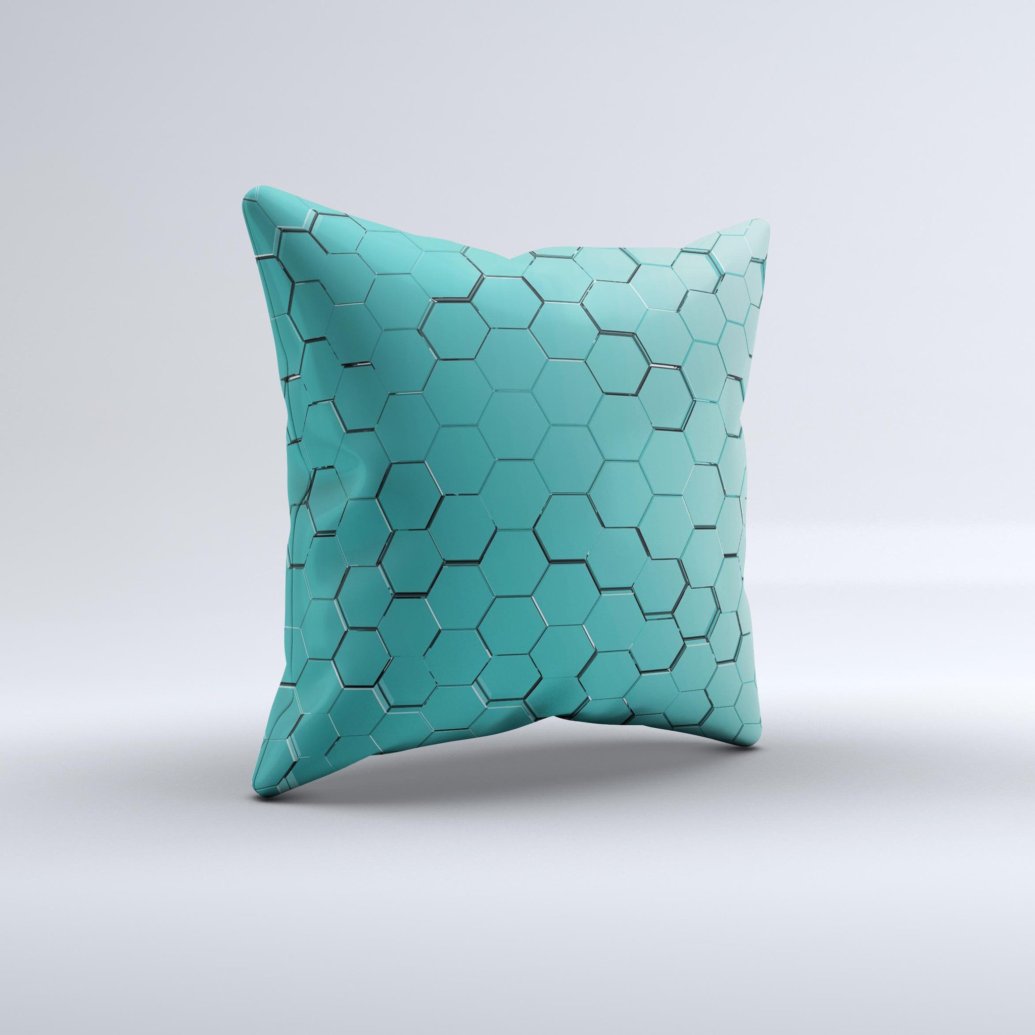 Teal Hexagon Pattern ink-Fuzed Decorative Throw Pillow showcasing a unique geometric design with a soft fabric finish.