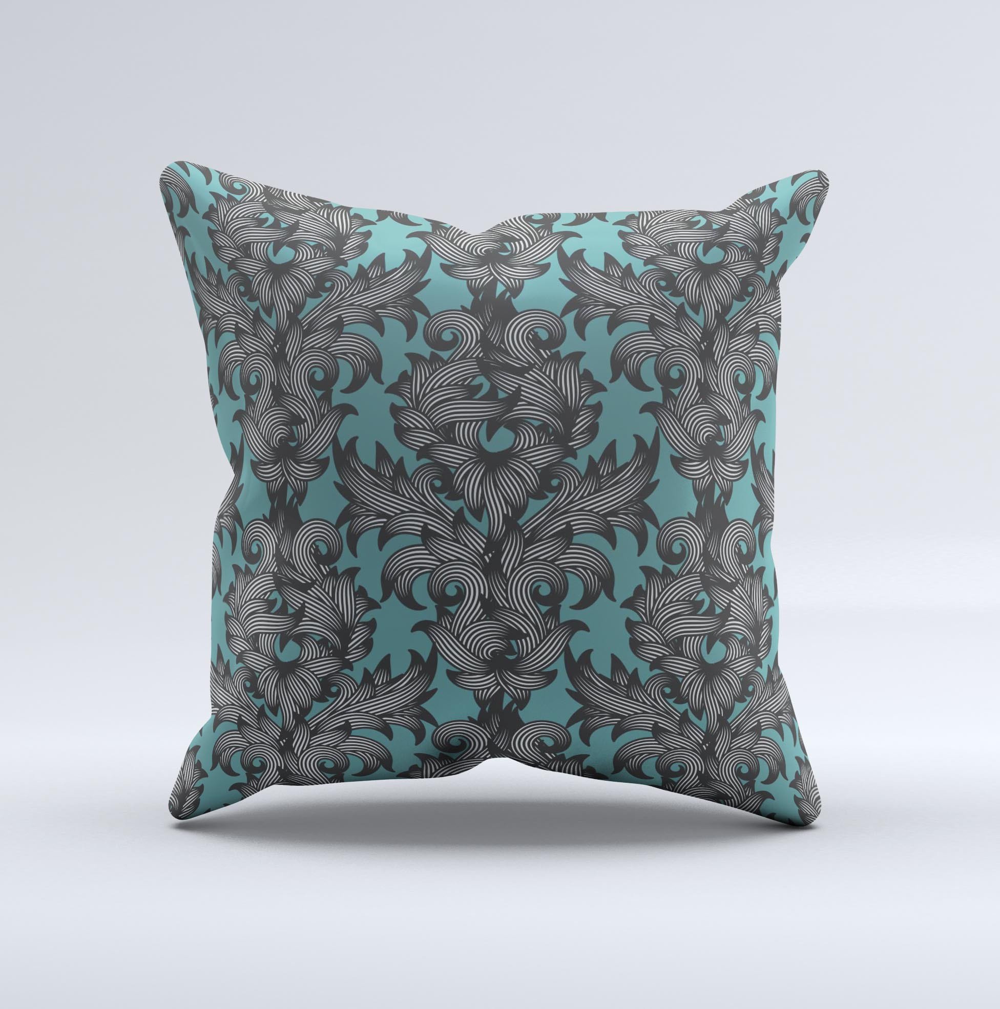 Teal Leaf Foliage Pattern decorative throw pillow with intricate leaf design, showcasing vibrant teal colors and high-quality fabric.