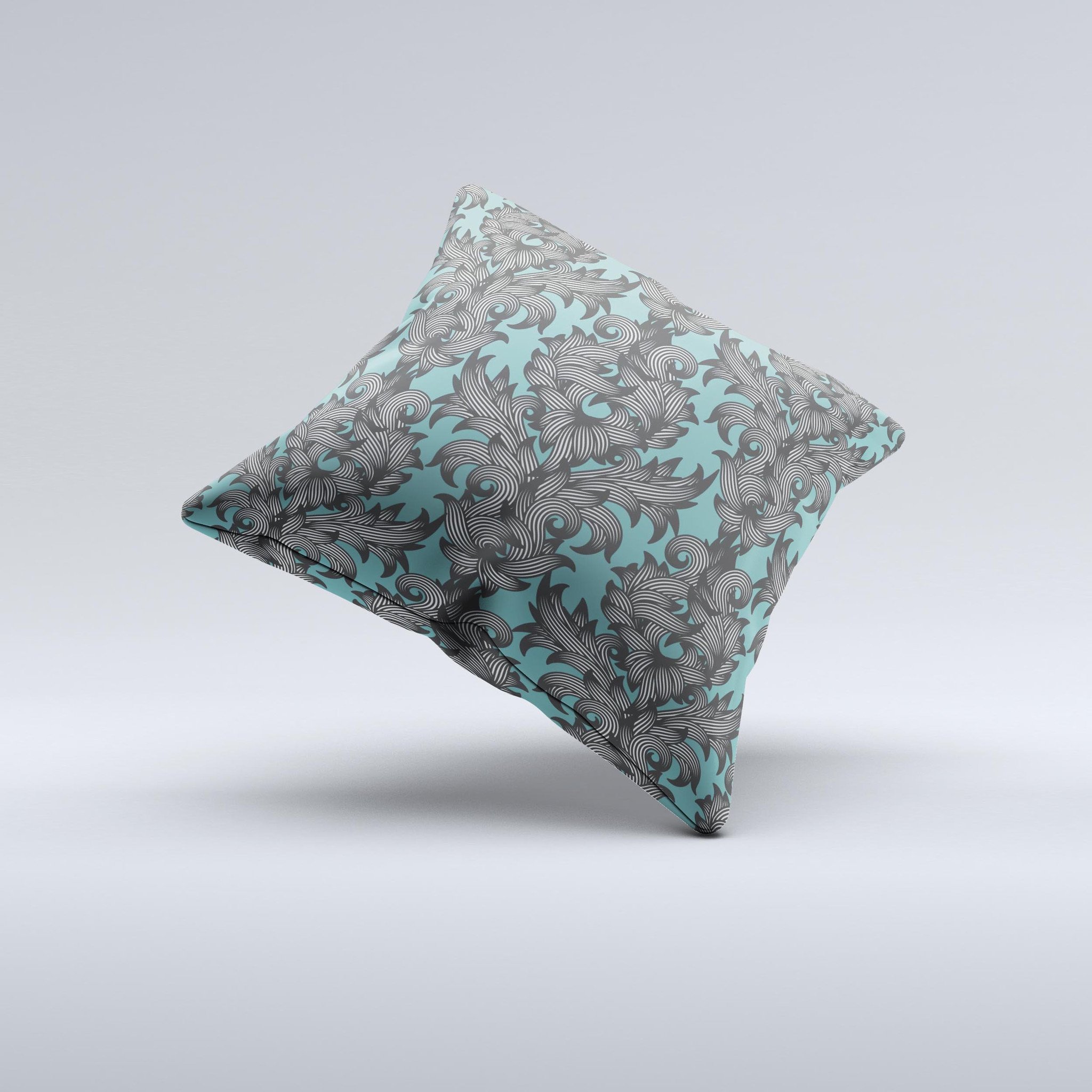 Teal Leaf Foliage Pattern decorative throw pillow with intricate leaf design, showcasing vibrant teal colors and high-quality fabric.