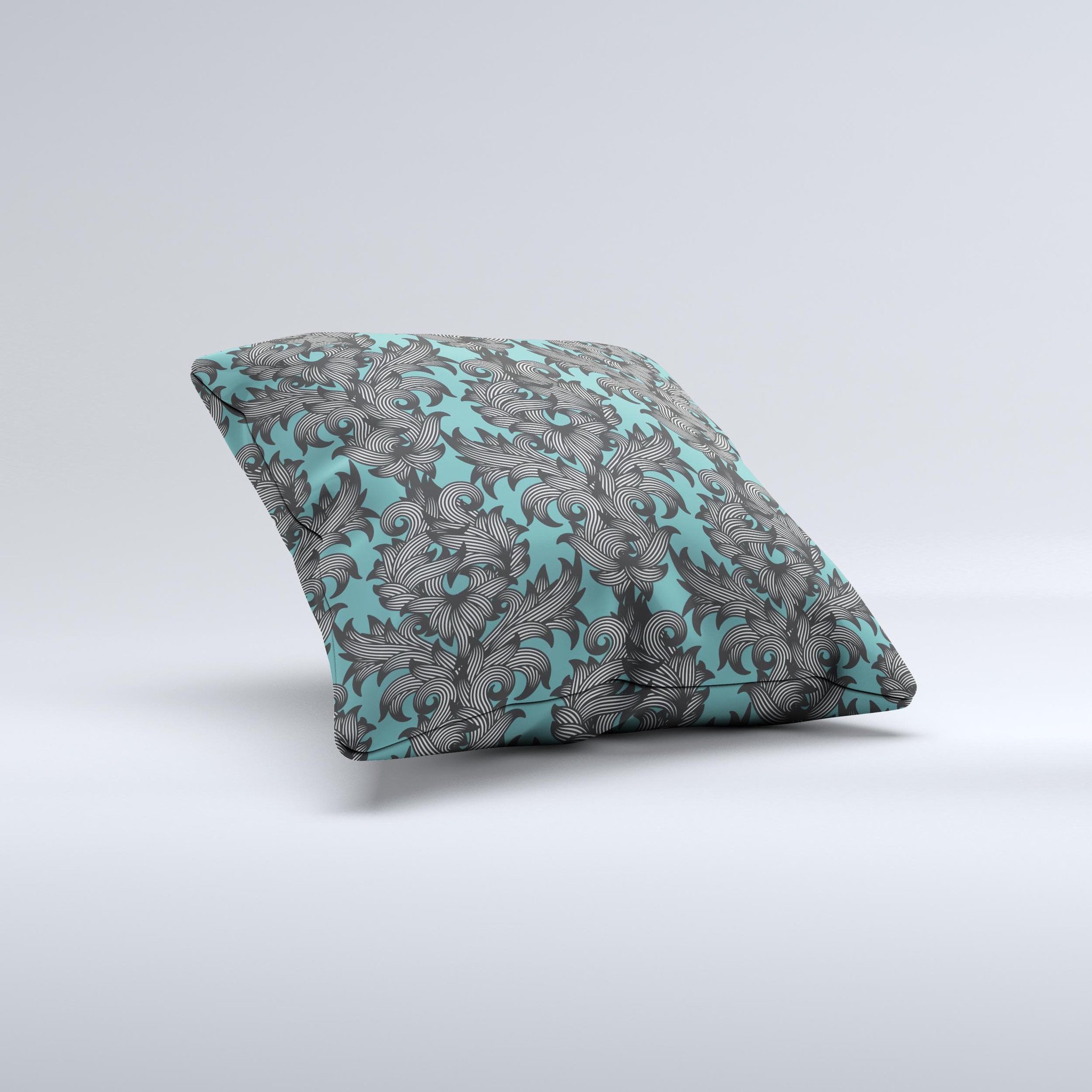 Teal Leaf Foliage Pattern decorative throw pillow with intricate leaf design, showcasing vibrant teal colors and high-quality fabric.