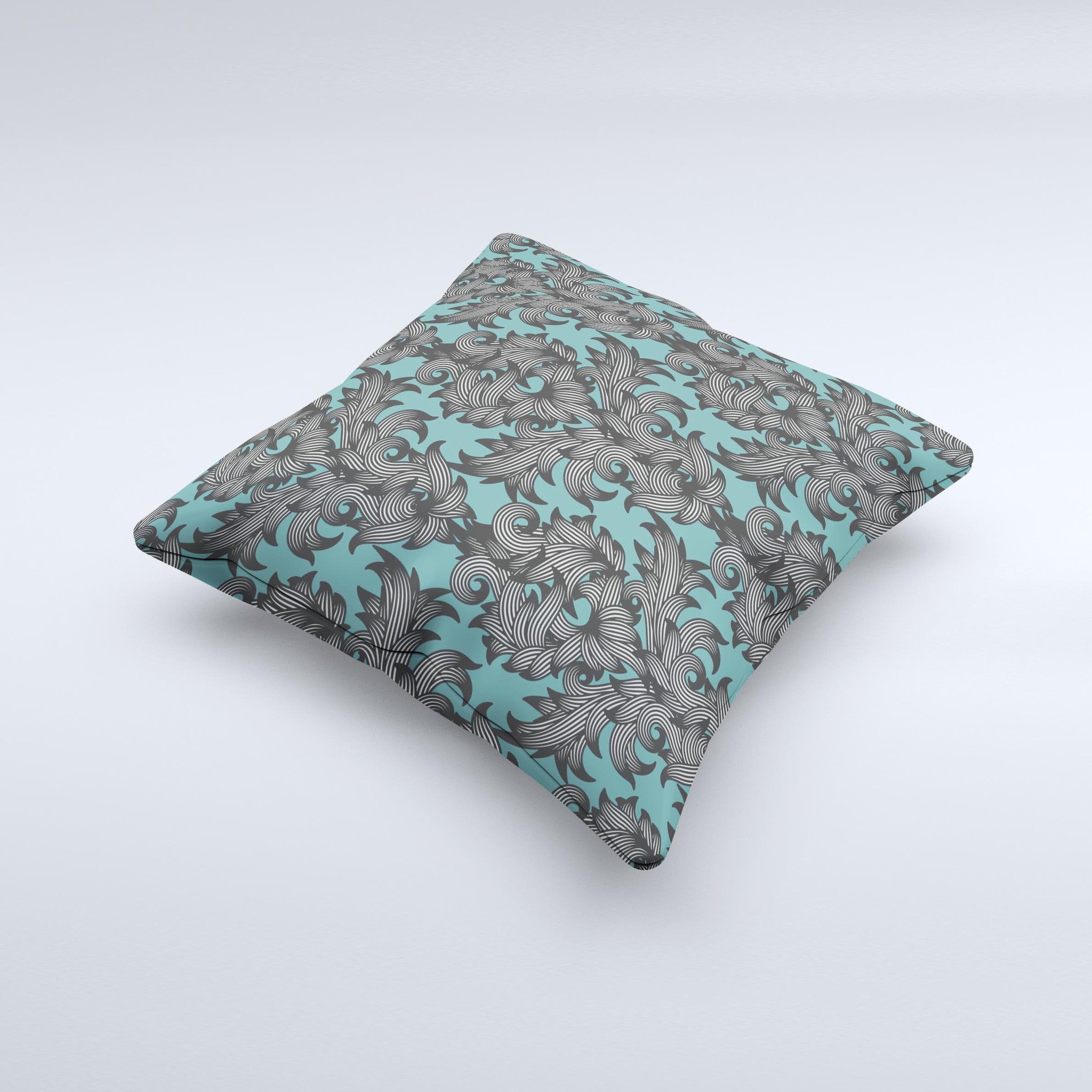 Teal Leaf Foliage Pattern decorative throw pillow with intricate leaf design, showcasing vibrant teal colors and high-quality fabric.